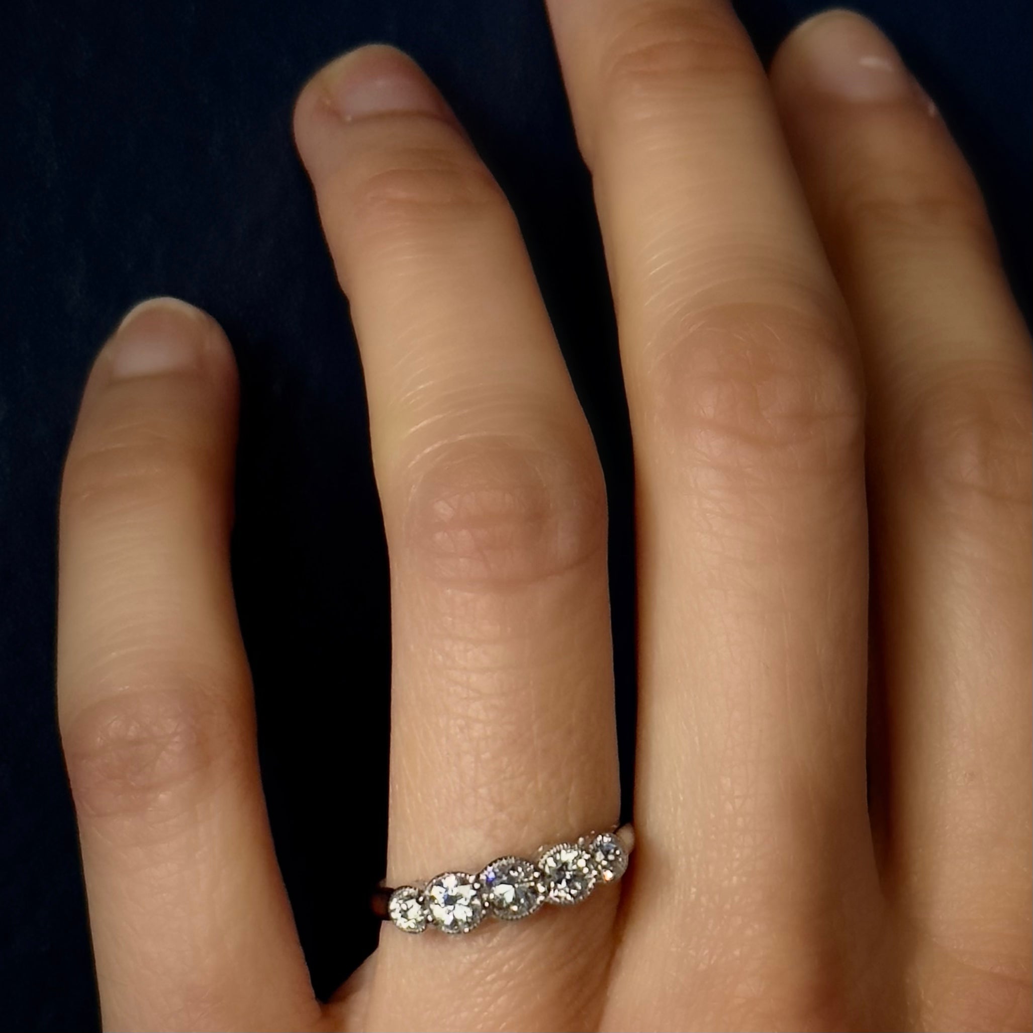 Antique Edwardian Platinum Half Hoop Five Diamond Ring With Millgrain Bezels