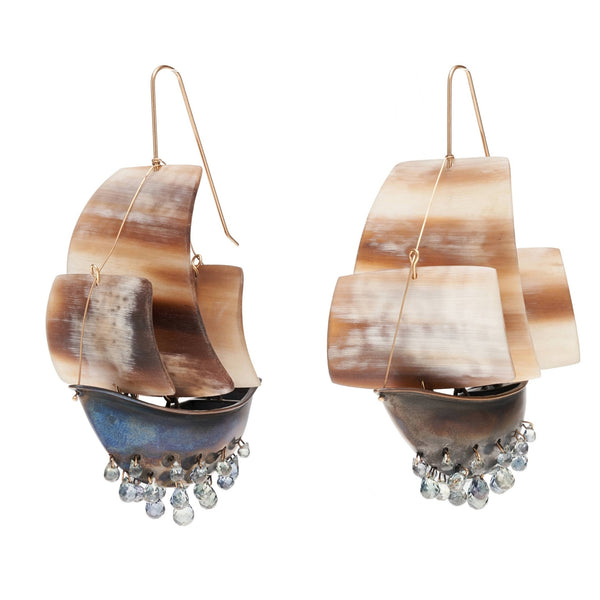Gabriella Kiss 14k and Bronze Clipper Ship Earrings with Sapphire Drops