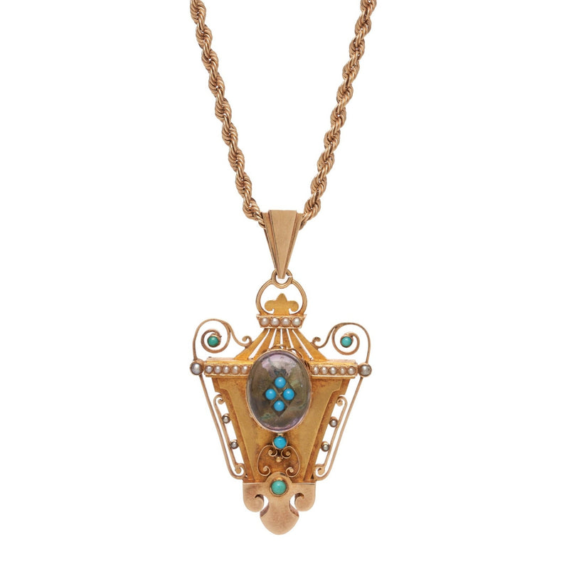 Antique Victorian 14k Rock Crystal and Turquoise Locket