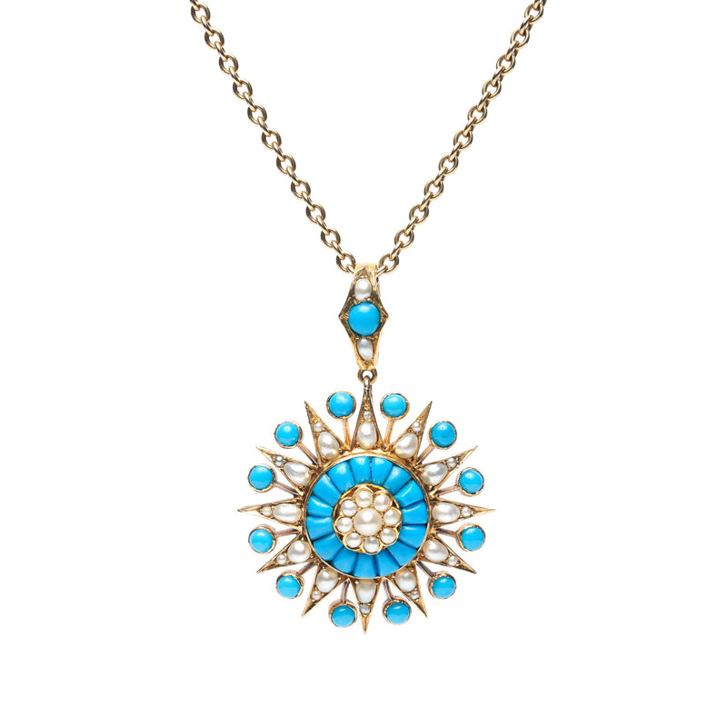 Antique Victorian 15k Turquoise and Pearl Star Pendant w/ Locket Back