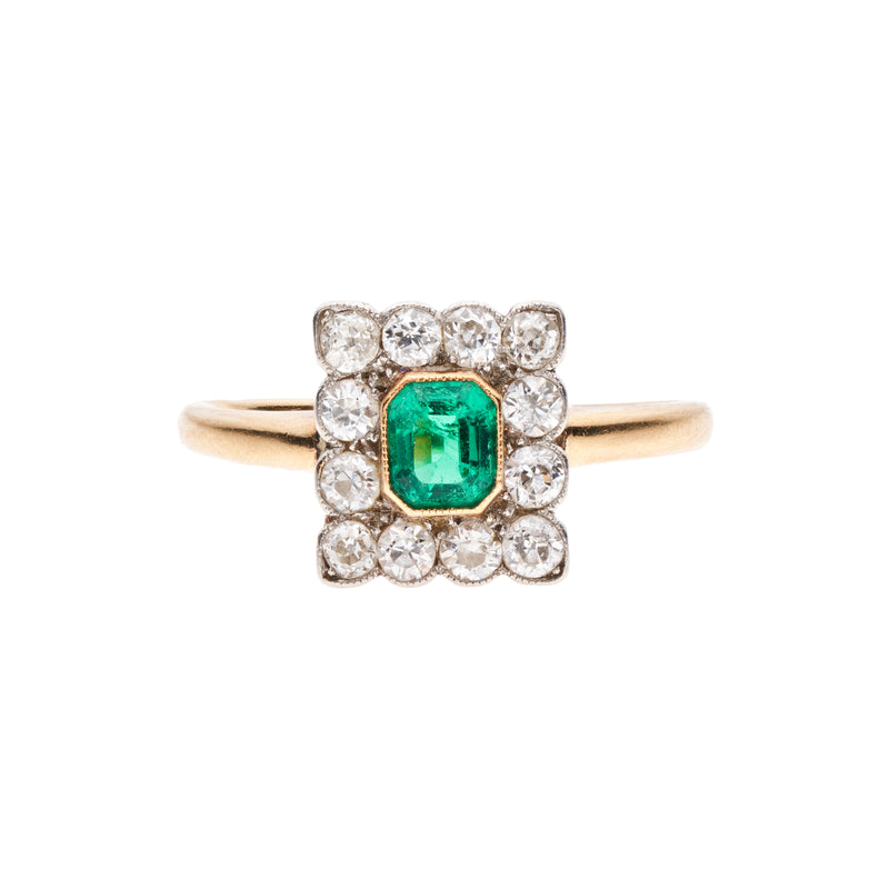 Antique Edwardian 18k Emerald & Diamond Squared Ring
