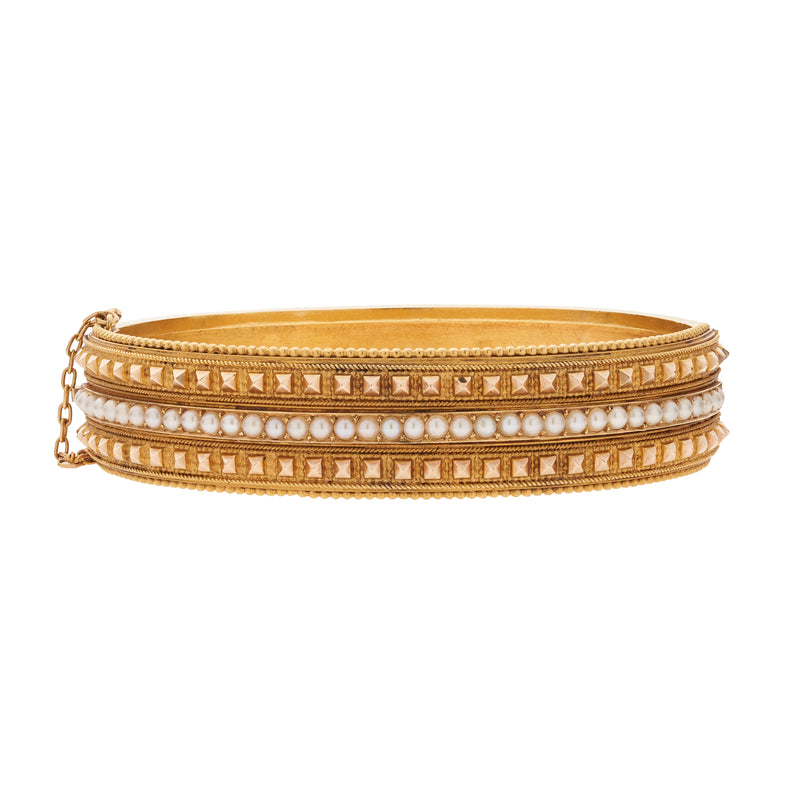 Antique Victorian 15k Gold & Pearl Bangle Bracelet