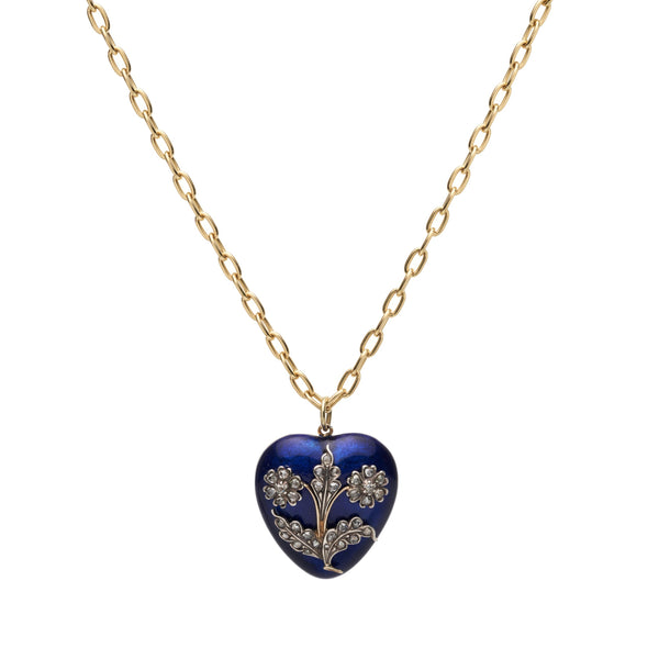 Antique Georgian Navy Enamel Double Floral Diamond Heart Pendant