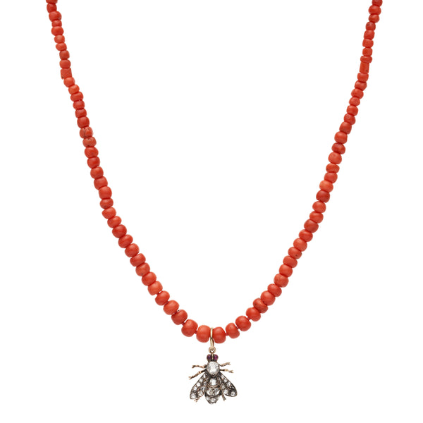 Antique Victorian 14k / Silver Set Diamond  & Garnet Bee Pendant