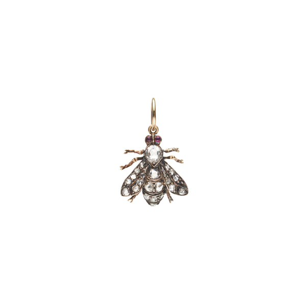 Antique Victorian 14k / Silver Set Diamond  & Garnet Bee Pendant