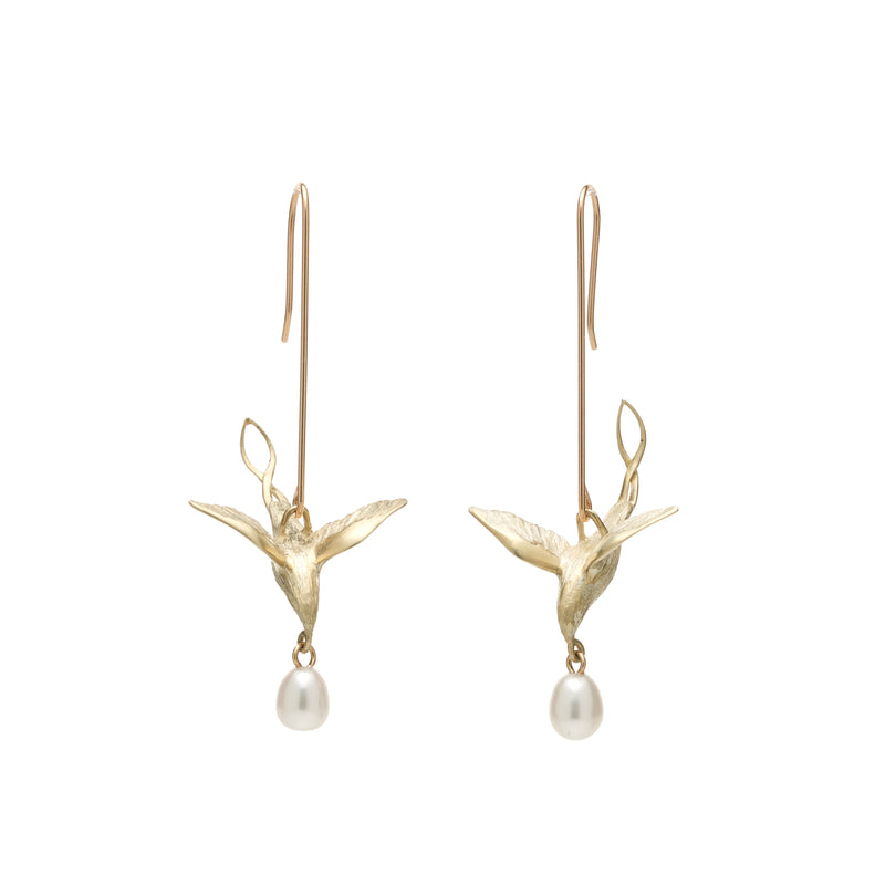Gabriella Kiss 14k Green Gold Flying Birds w/ White Pearl Earrings