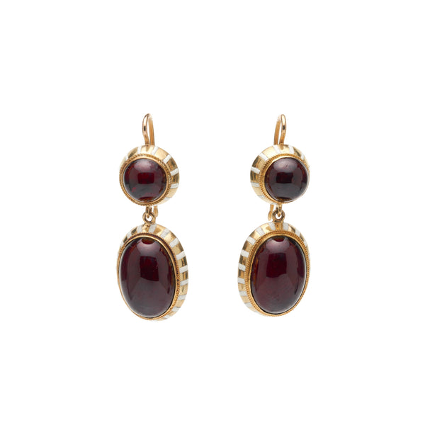 Antique  15k Victorian Garnet & White Enamel Drop Earrings