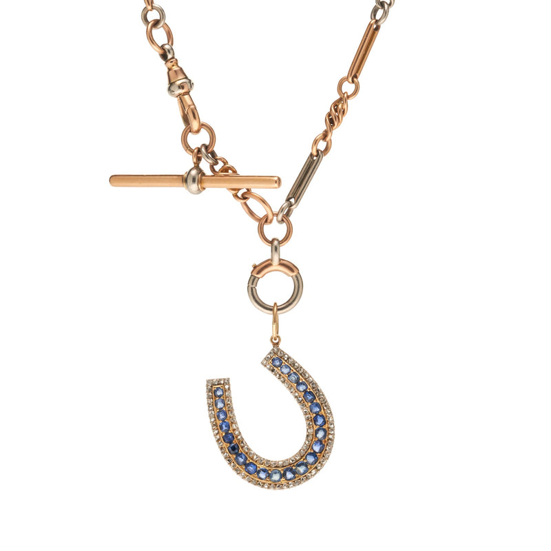 Antique Victorian 14k/Silver Diamond & Sapphire Horseshoe Pendant