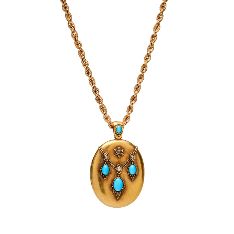 Antique Belle Epoque 18k Persian Turquoise & Rose Cut Diamond Locket Pendant