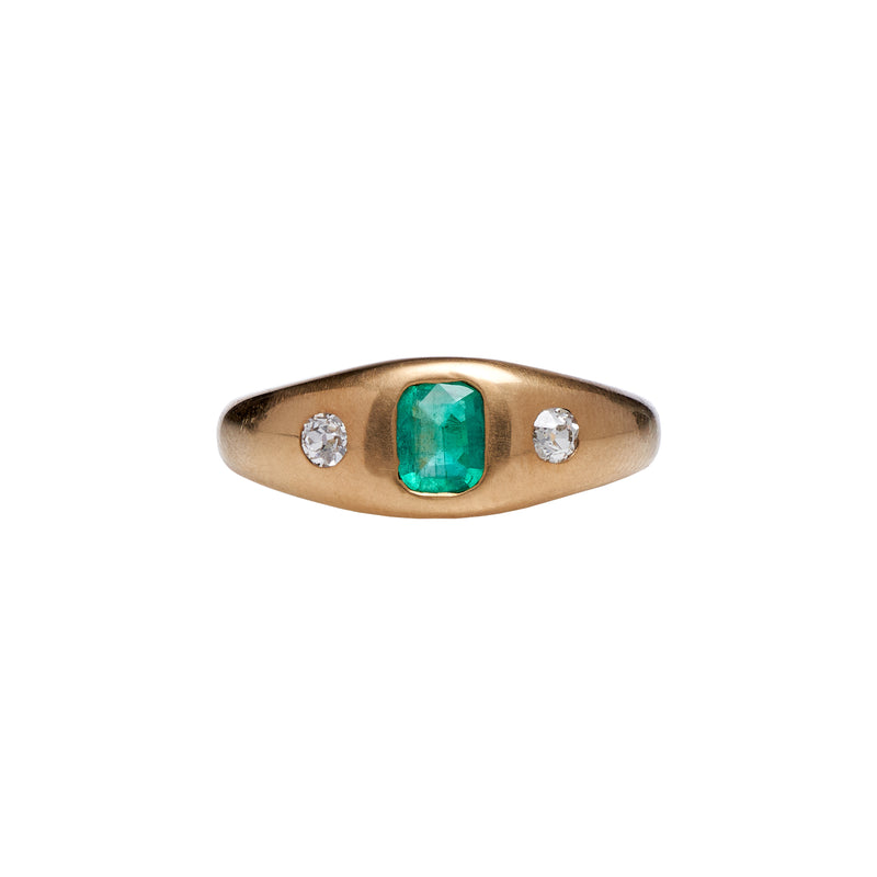 Antique Victorian 18k Emerald & Diamond Three Stone Hammerset Ring