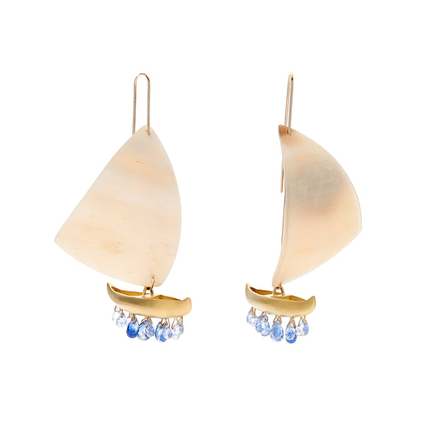 Gabriella Kiss 18k & White Horn Sailboat Earrings with Sapphire Drops