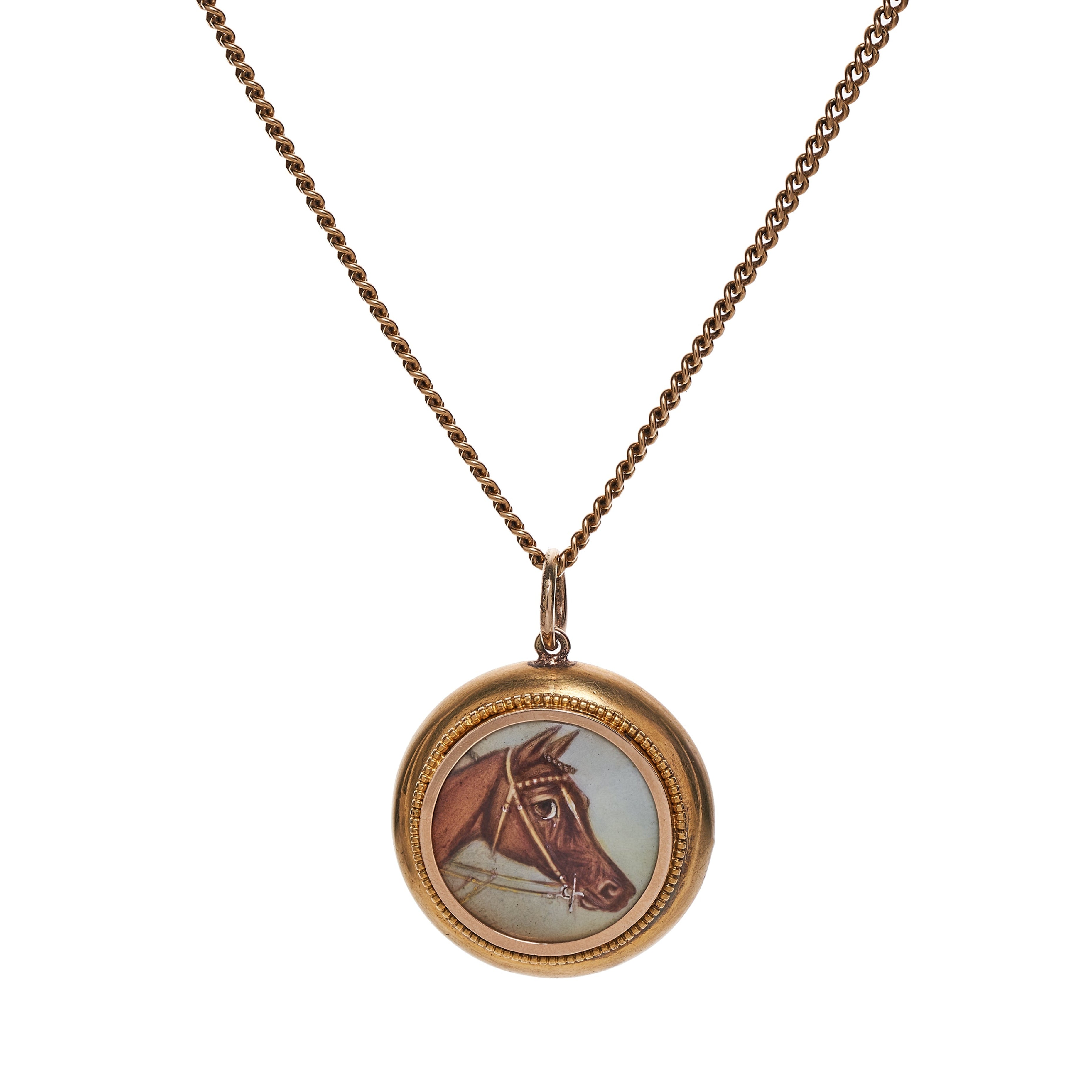 Antique Victorian 14k Hand Painted Enamel Horse Pendant