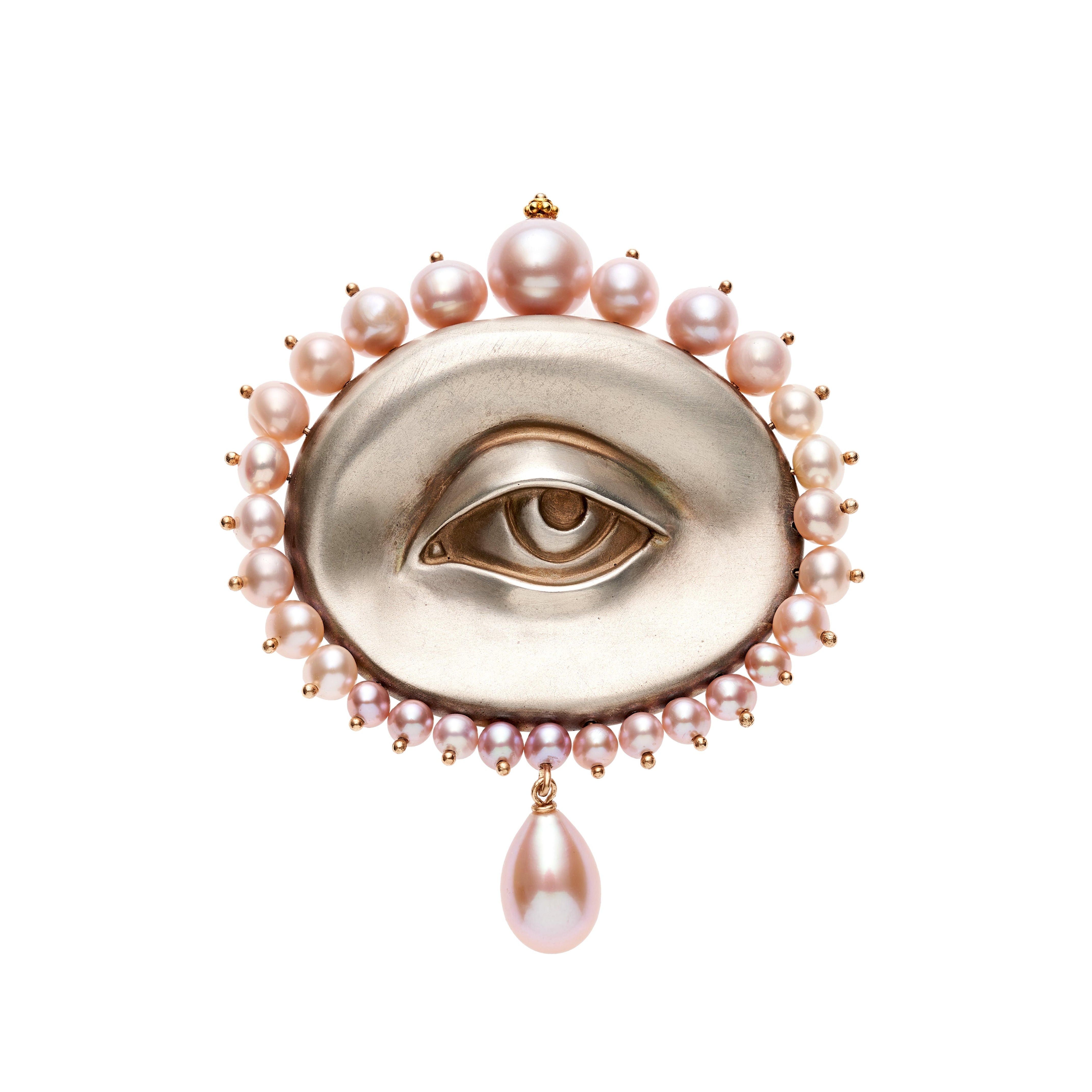 Gabriella Kiss Silver Large Eye Brooch with Pink Pearls
