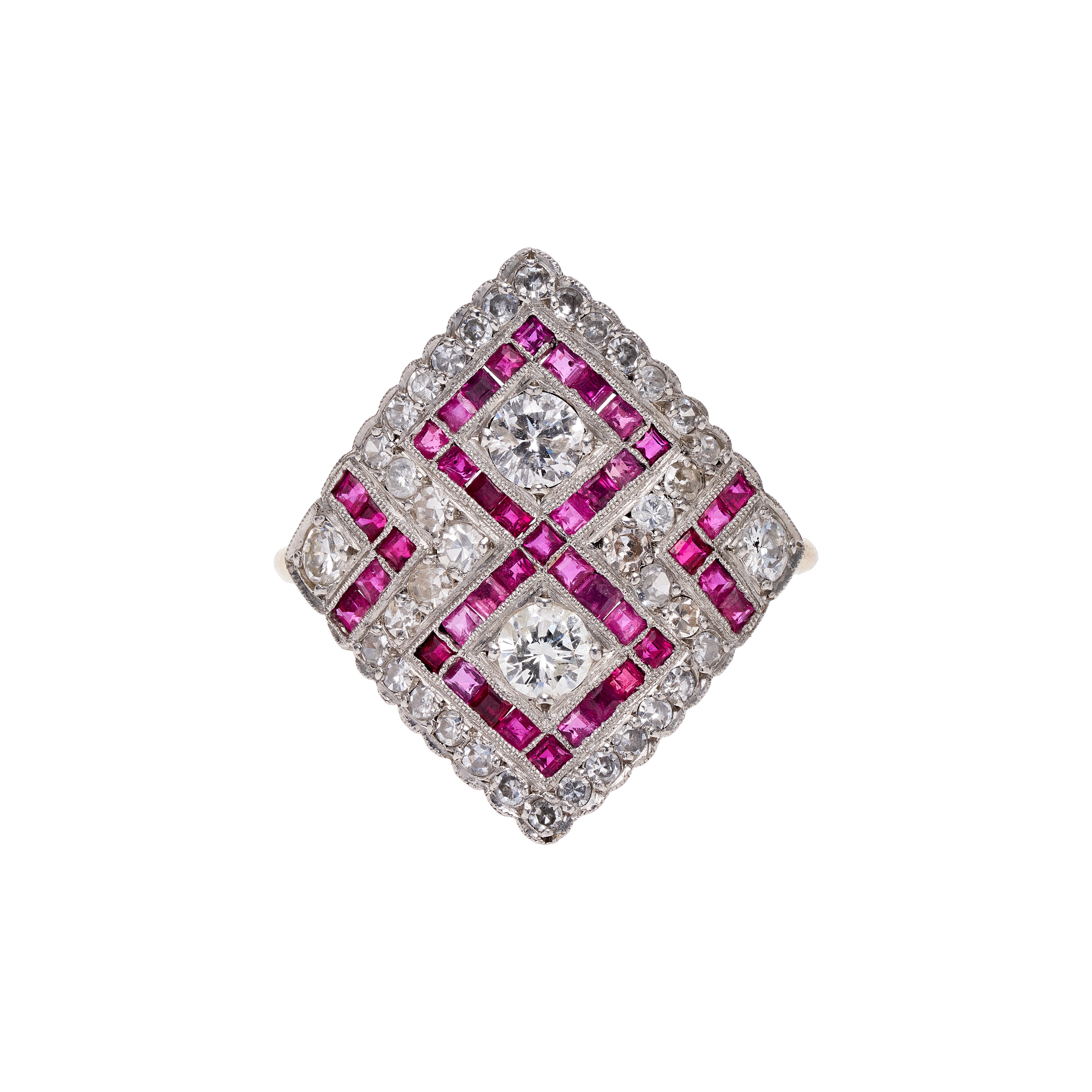 Antique Edwardian Platinum/18k Diamond & Ruby Diamond Shaped Ring
