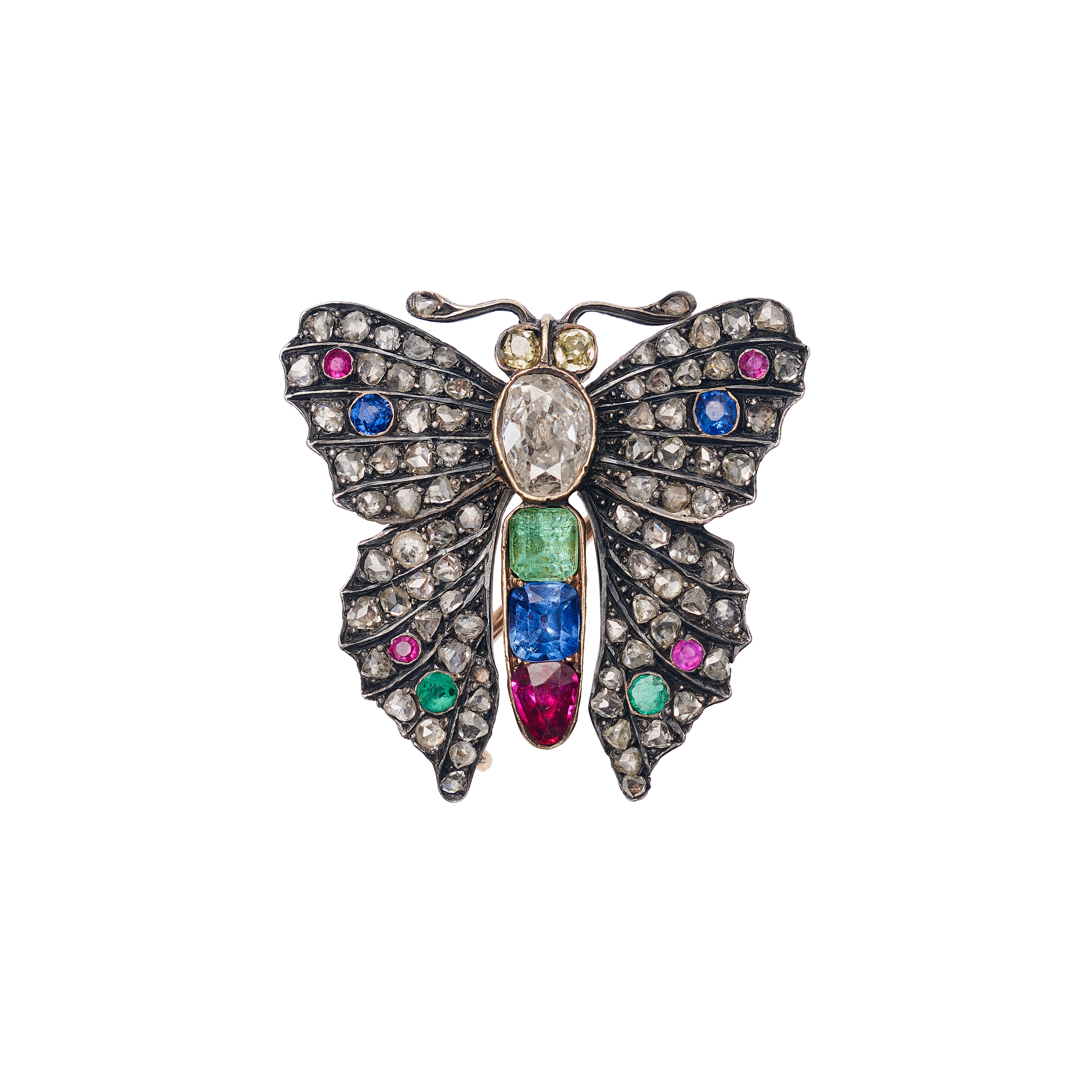 Antique Georgian 14k/Silver-Set Diamond & Gemstone Butterfly Brooch
