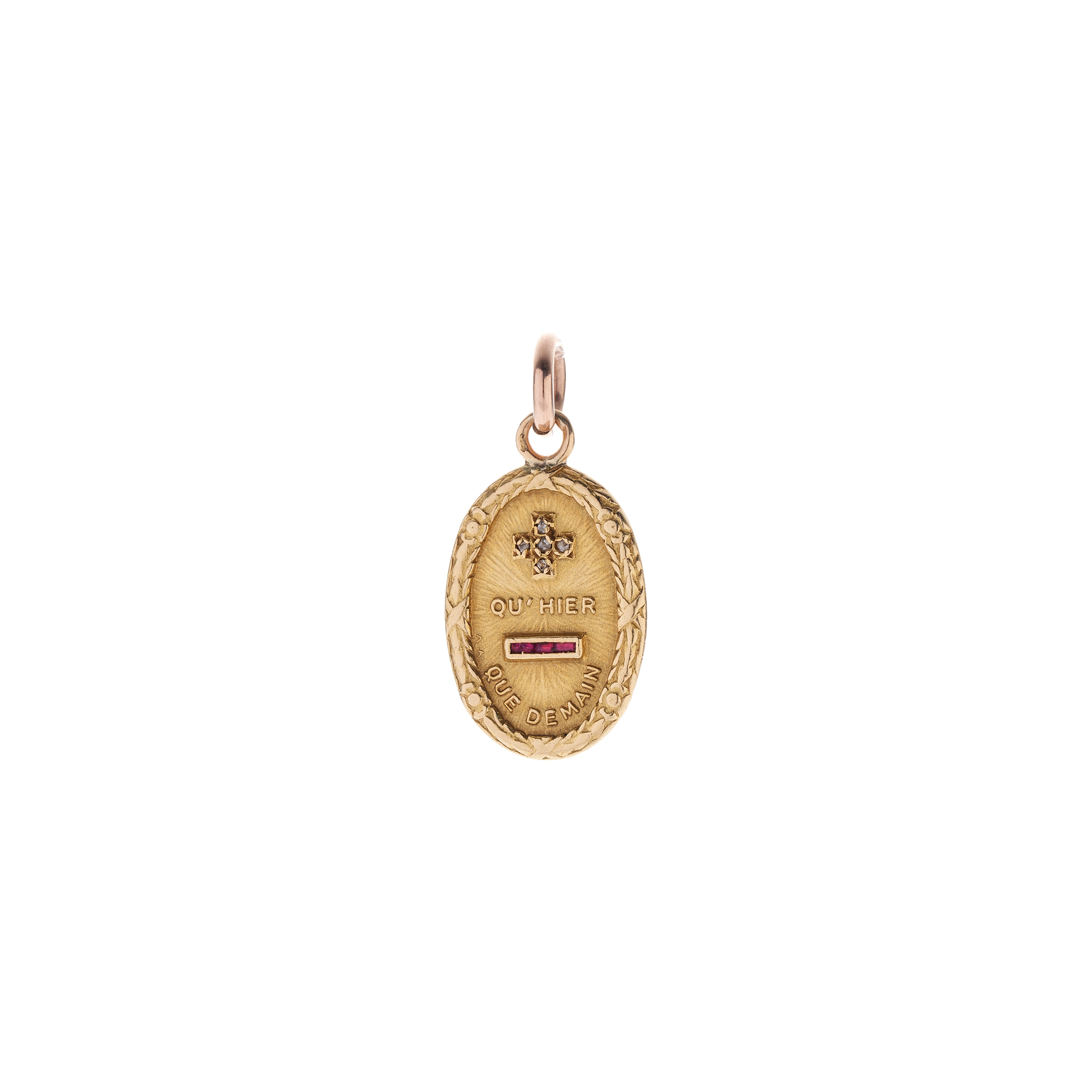 Vintage French 18k Ruby "Qu'hier Que Demain" Oval Love Token Pendant