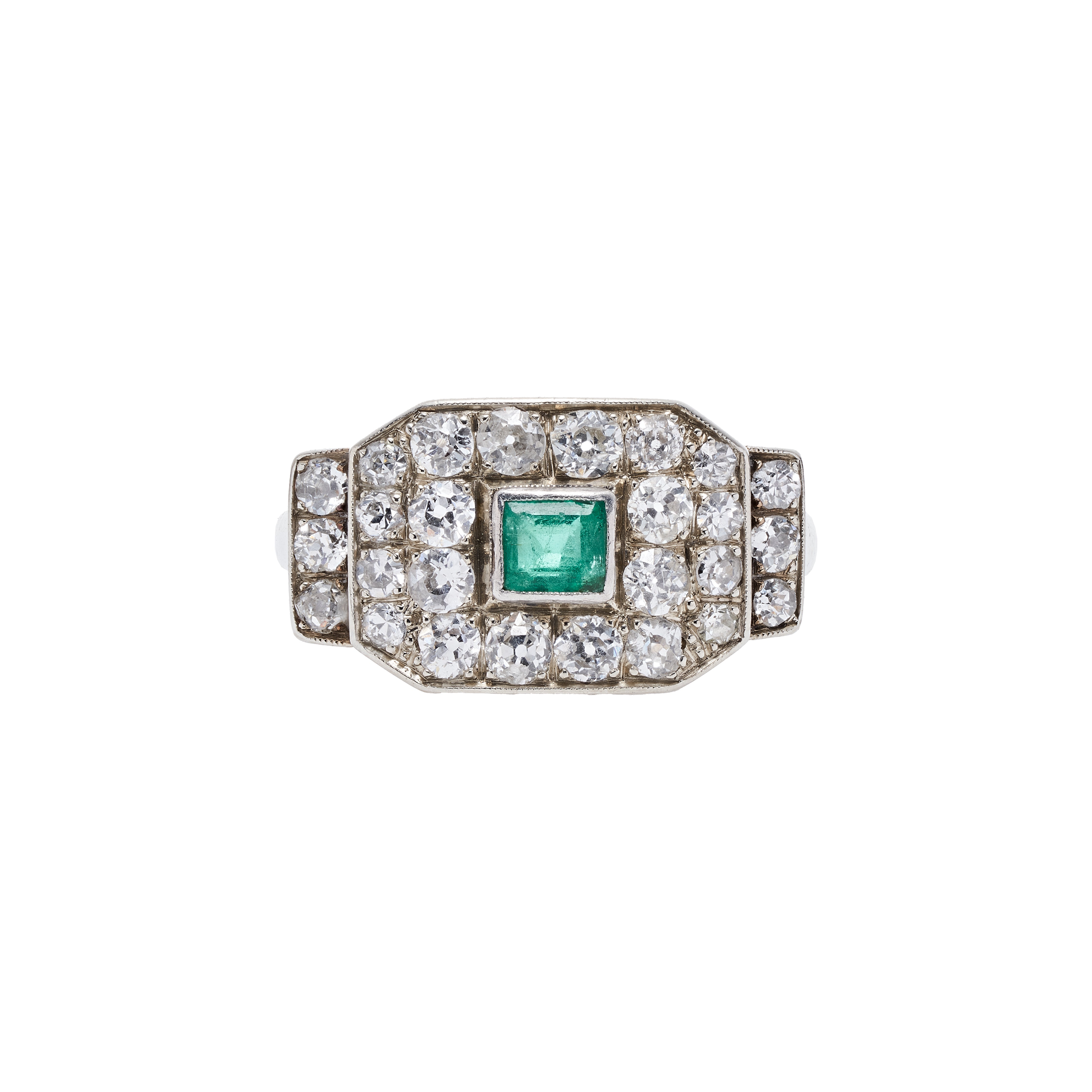 Antique Art Deco Platinum Diamonds & Colombian Emerald Ring
