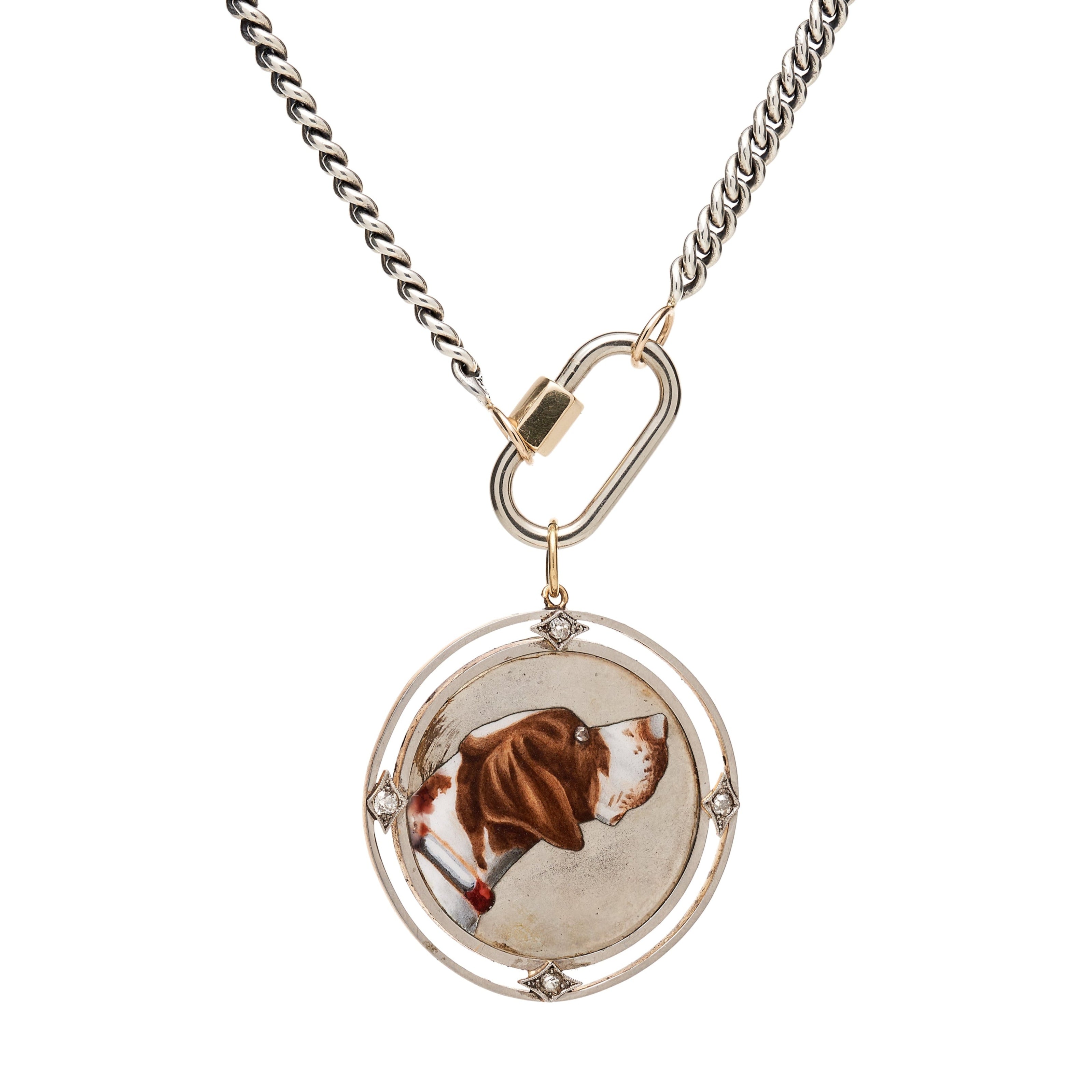 Antique Silver, Platinum & 15k Enamel & Diamond Dog Medallion Pendant