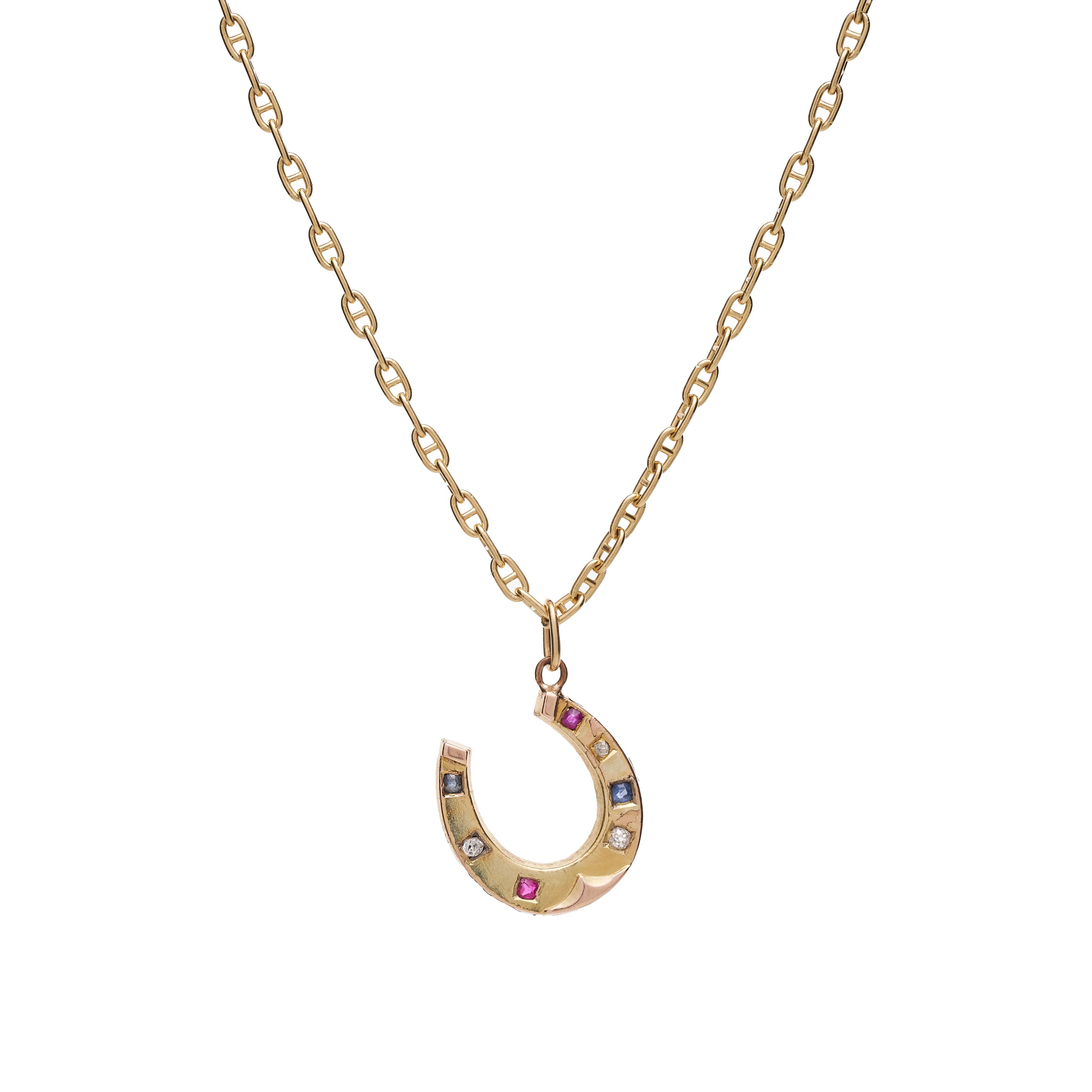 Antique Victorian 14k Diamond, Sapphire, & Ruby Horseshoe Pendant