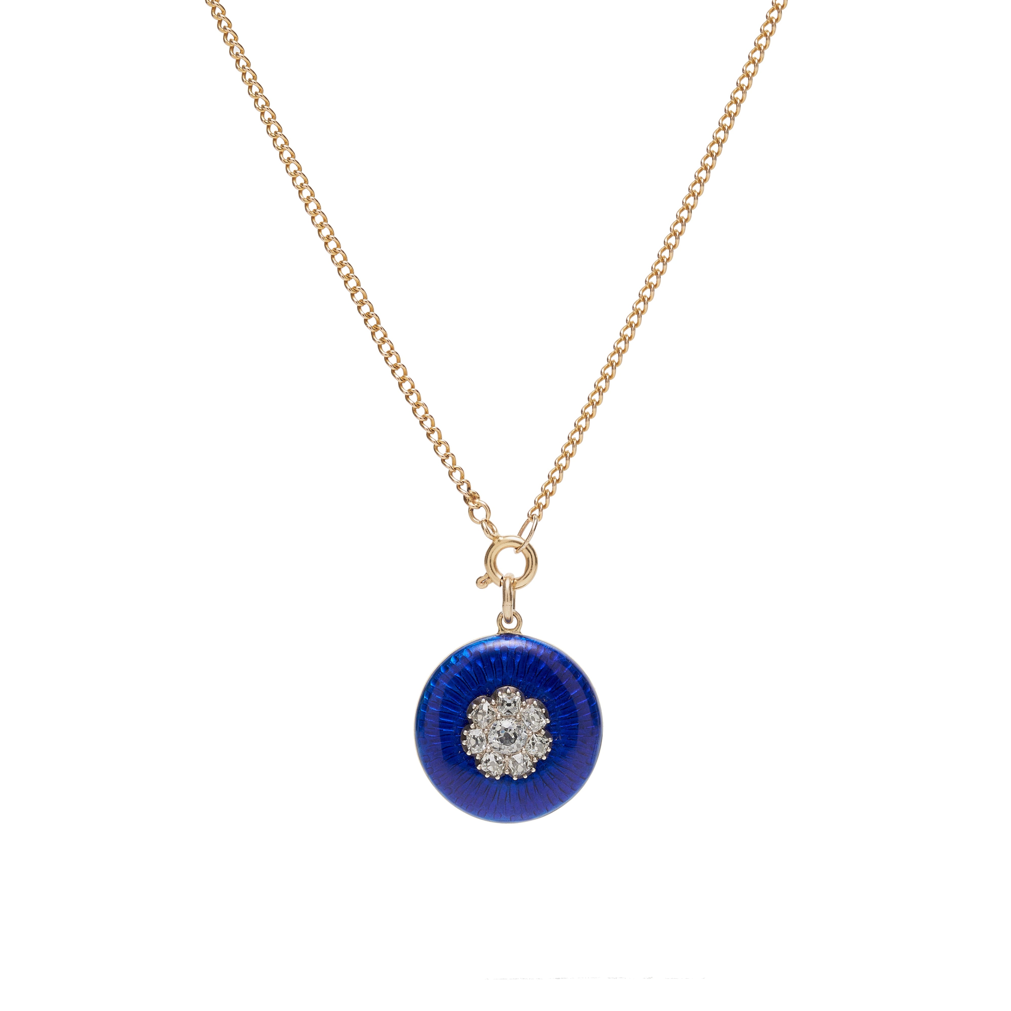 Antique Early Victorian 18k Blue Guilloche w/ Old Mine Cut Diamond Flower Locket Pendant