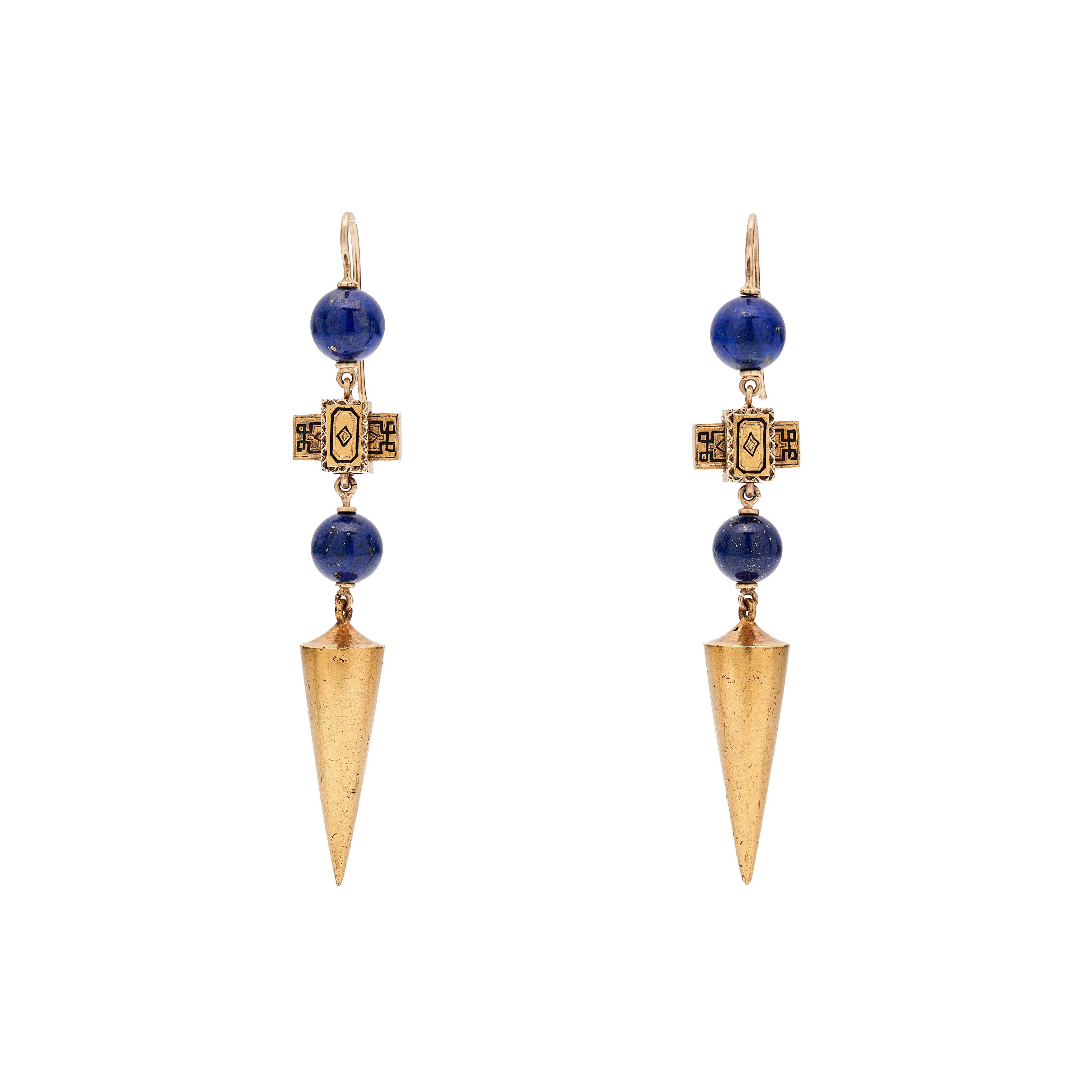 Antique Victorian 14k Gold Lapis Enamel Long Earrings