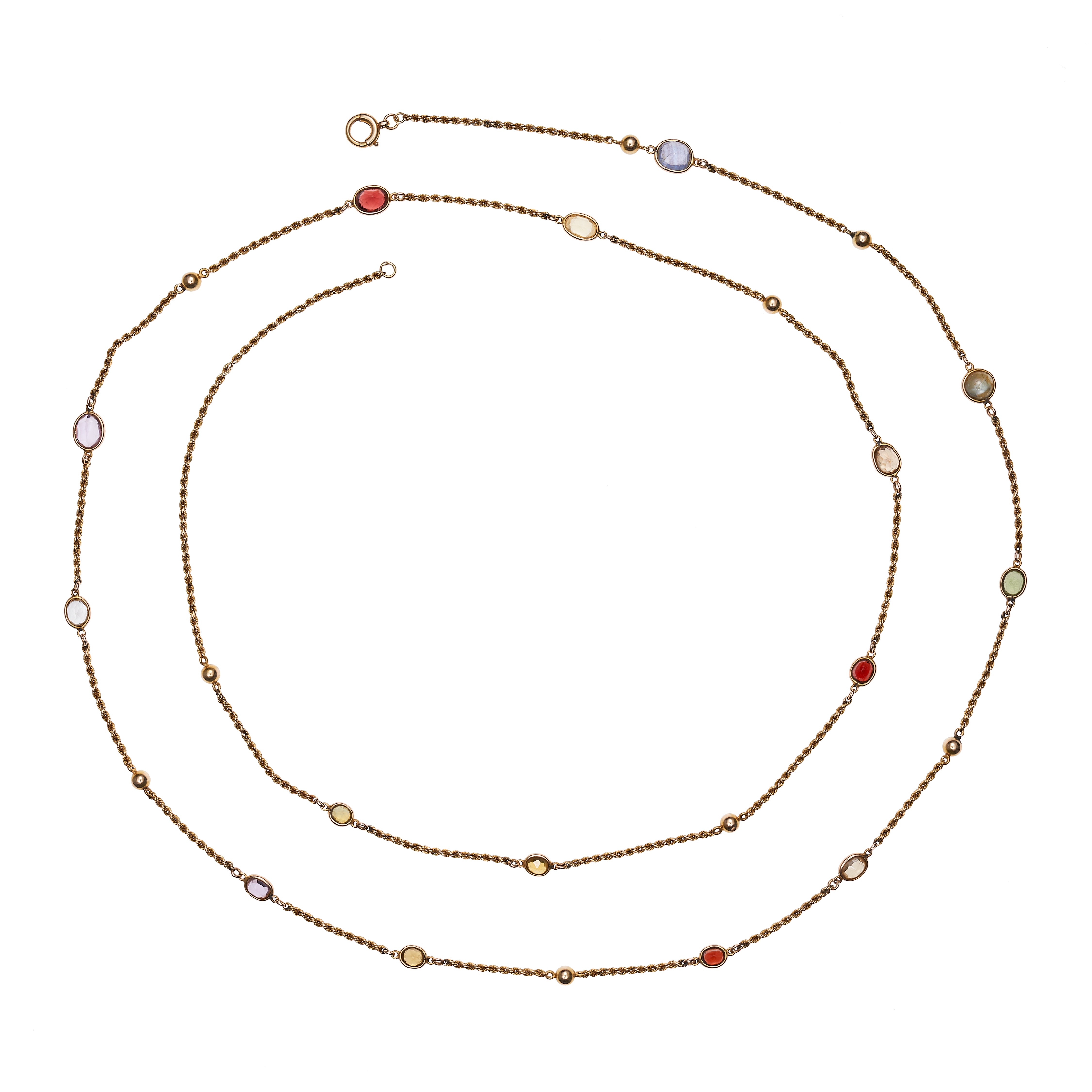Antique Late Victorian 15k Assorted Gemstones Chain- 47”