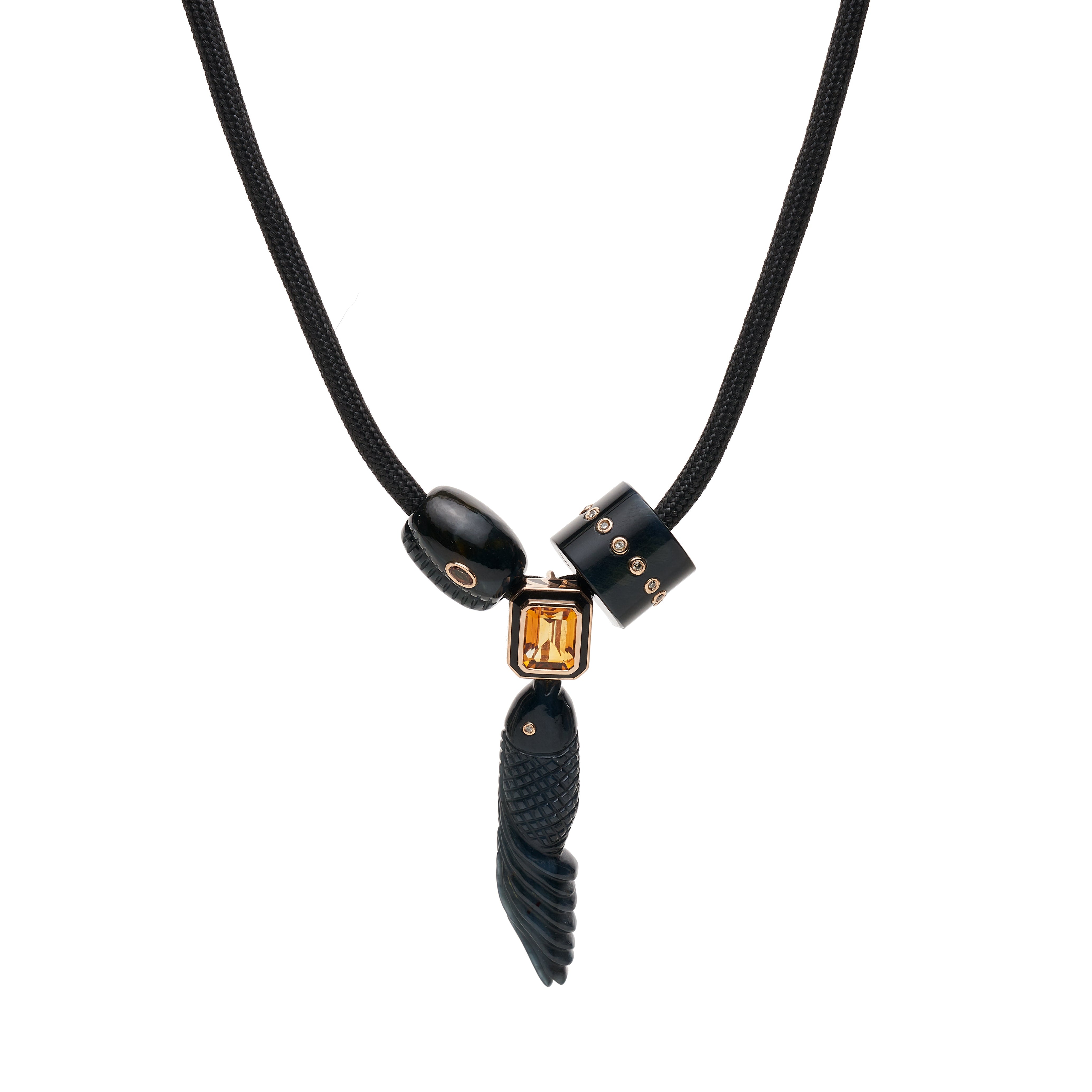 Dezso 18k Blue Tiger Eye Cowry, Fish & Diamond Inset Bead Necklace on Black Cord
