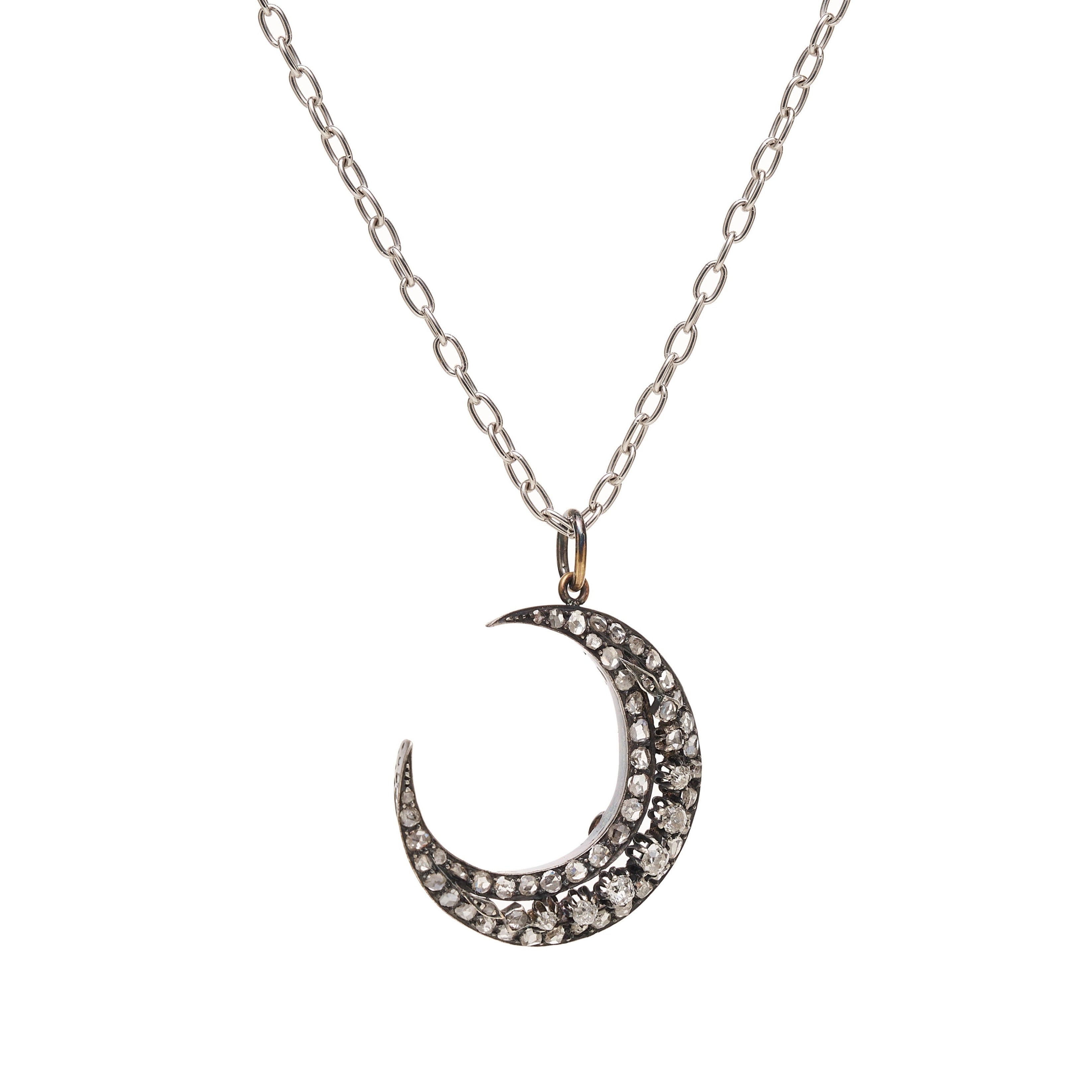 Antique Belle Epoque 18k/Silver Diamond Crescent Pendant