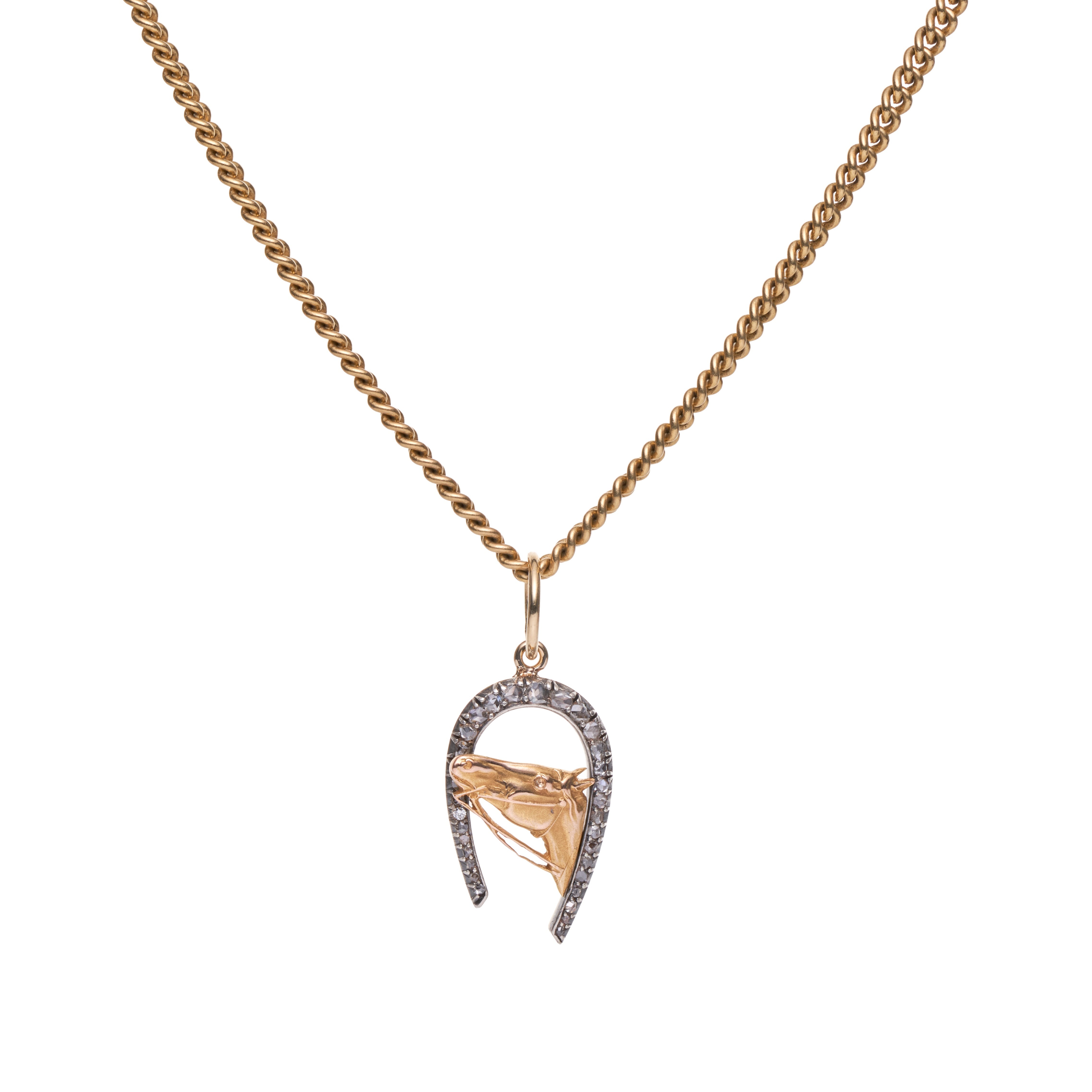 Antique Victorian 14k/Silver Diamond Horseshoe & Horse Head Pendant