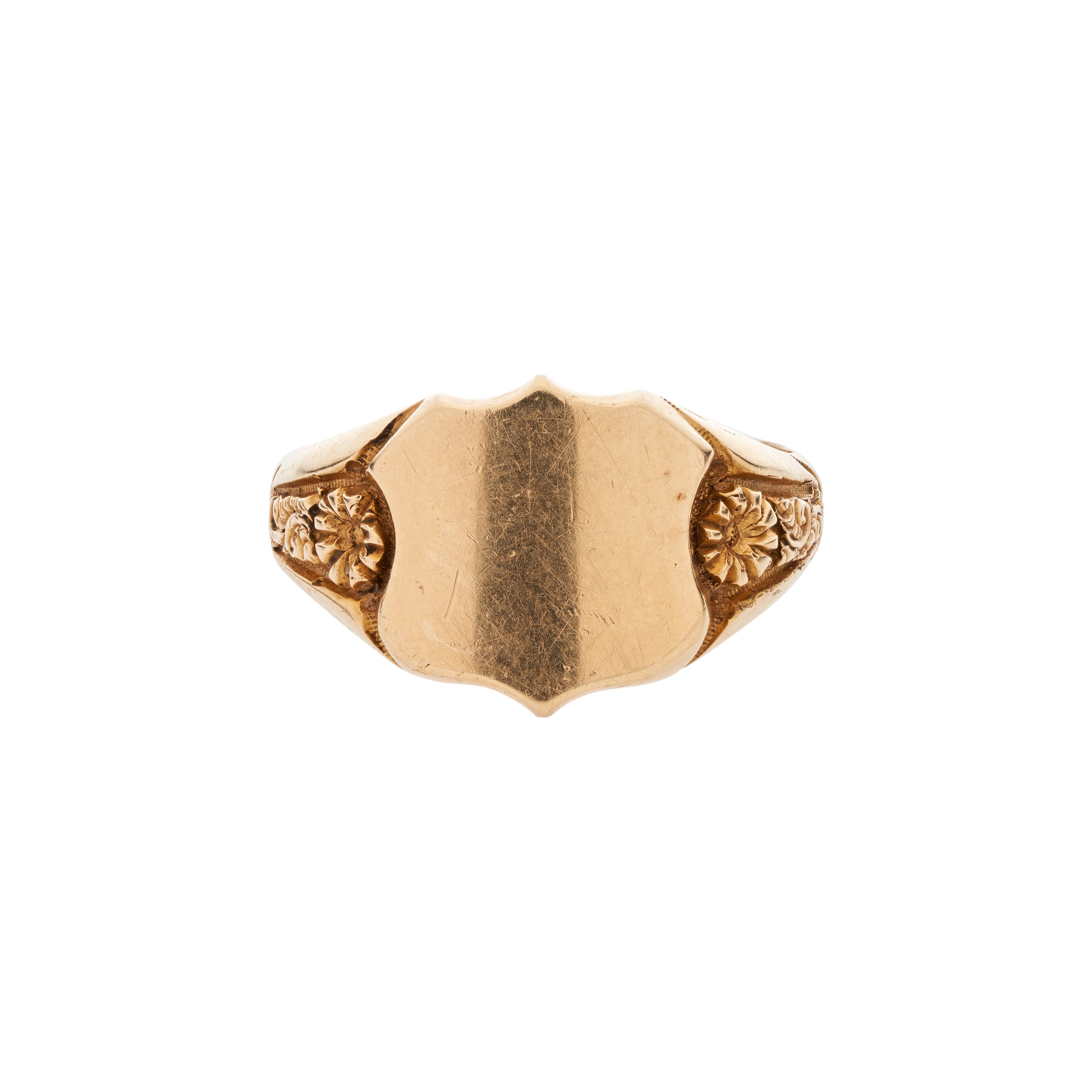 Antique Late Edwardian 18k Blank Shield w/ Flowers Signet Ring