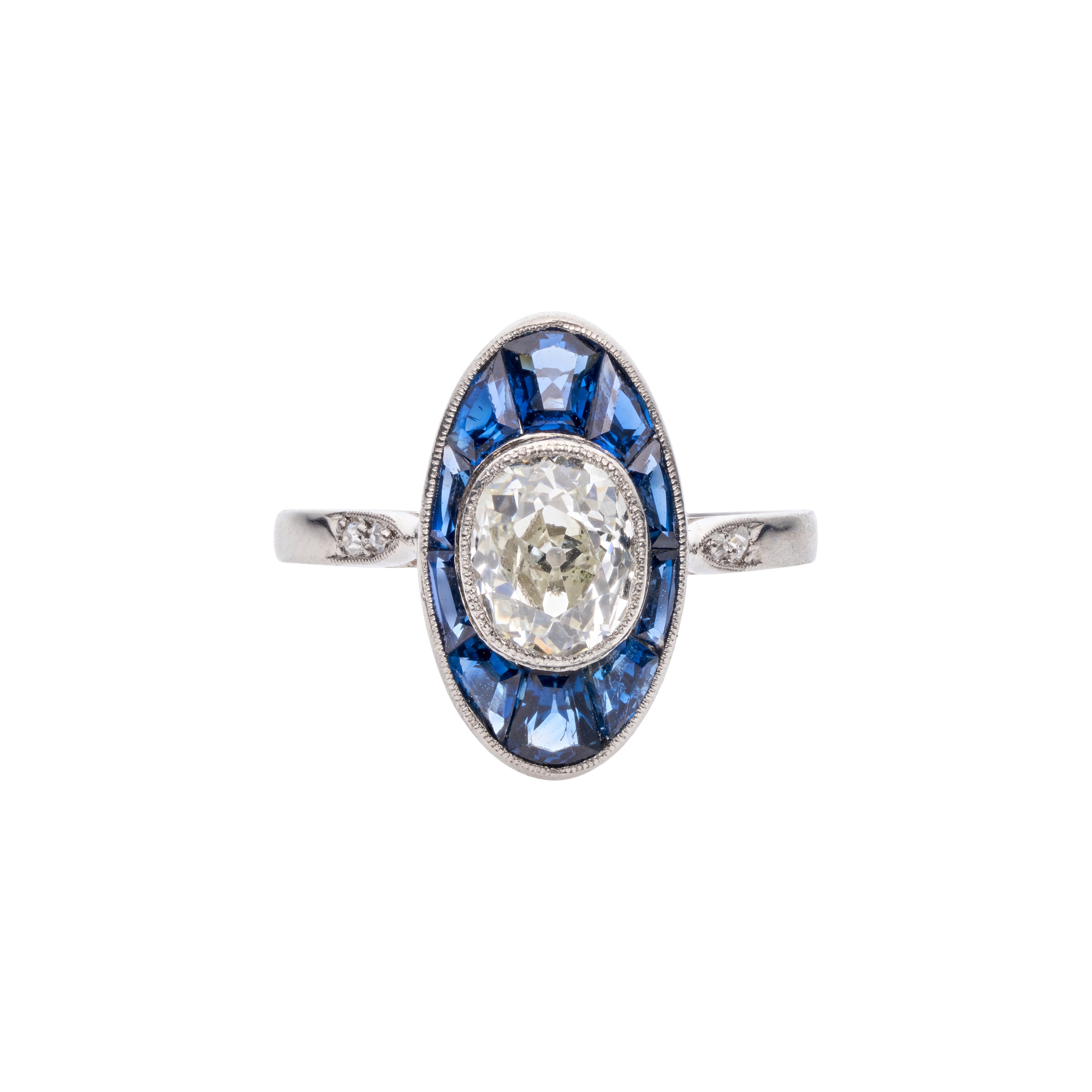 Antique French Platinum Diamond & Sapphire Marquis Ring