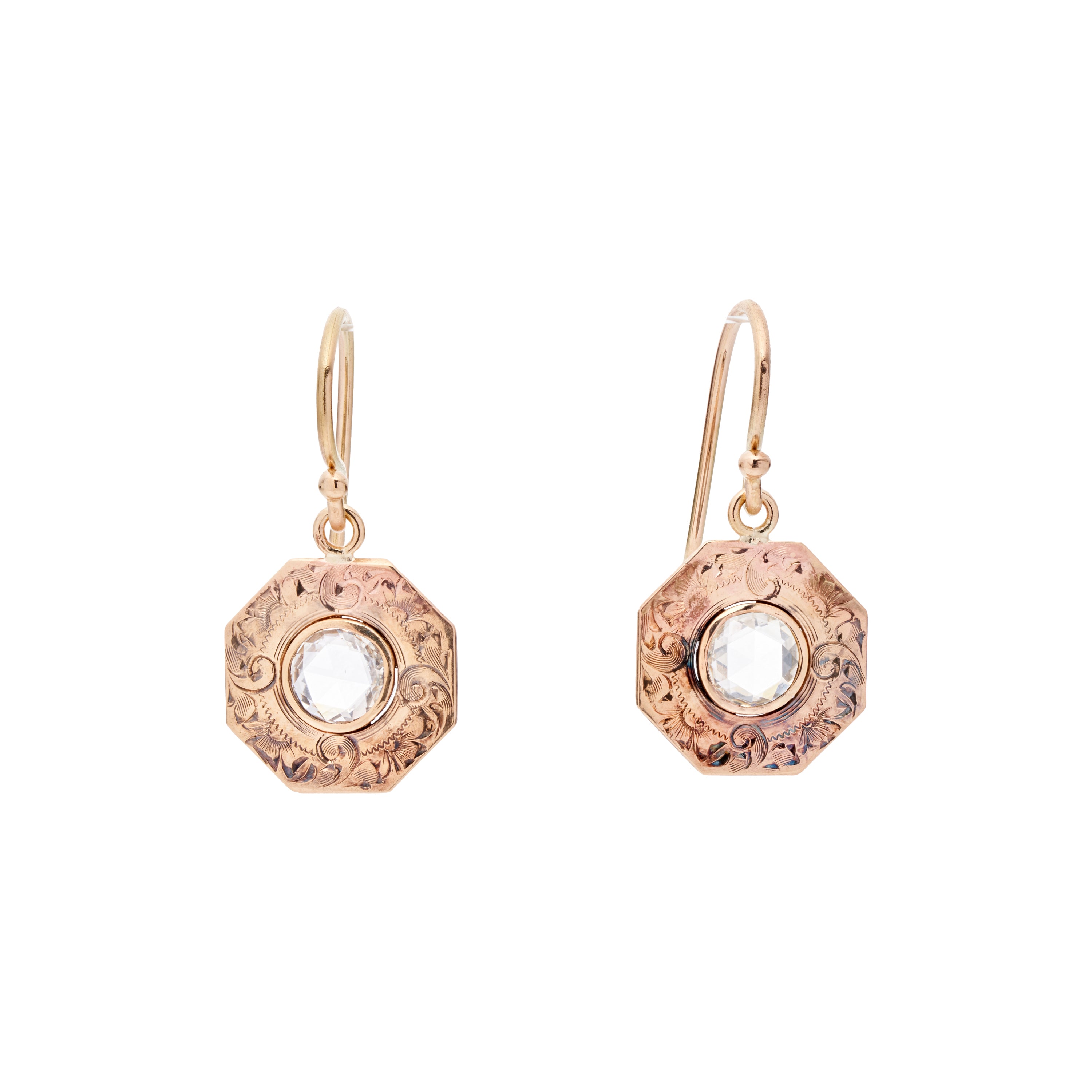 Antique Victorian 14k RG Engraved Octagons w/ Rose Cut Diamonds Earrings