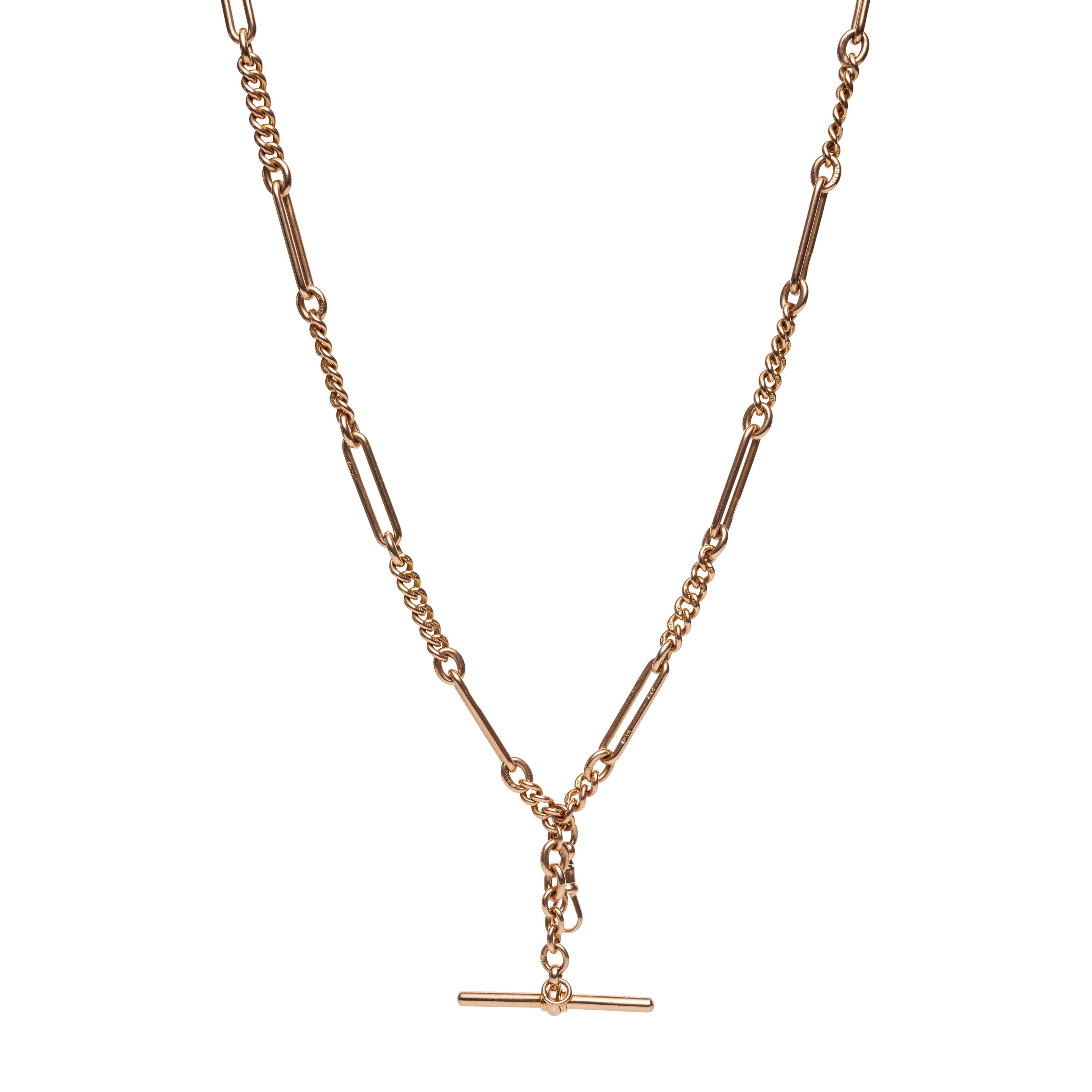 Antique Victorian 15k Trombone Link Watch Chain w/ T-bar - 25”