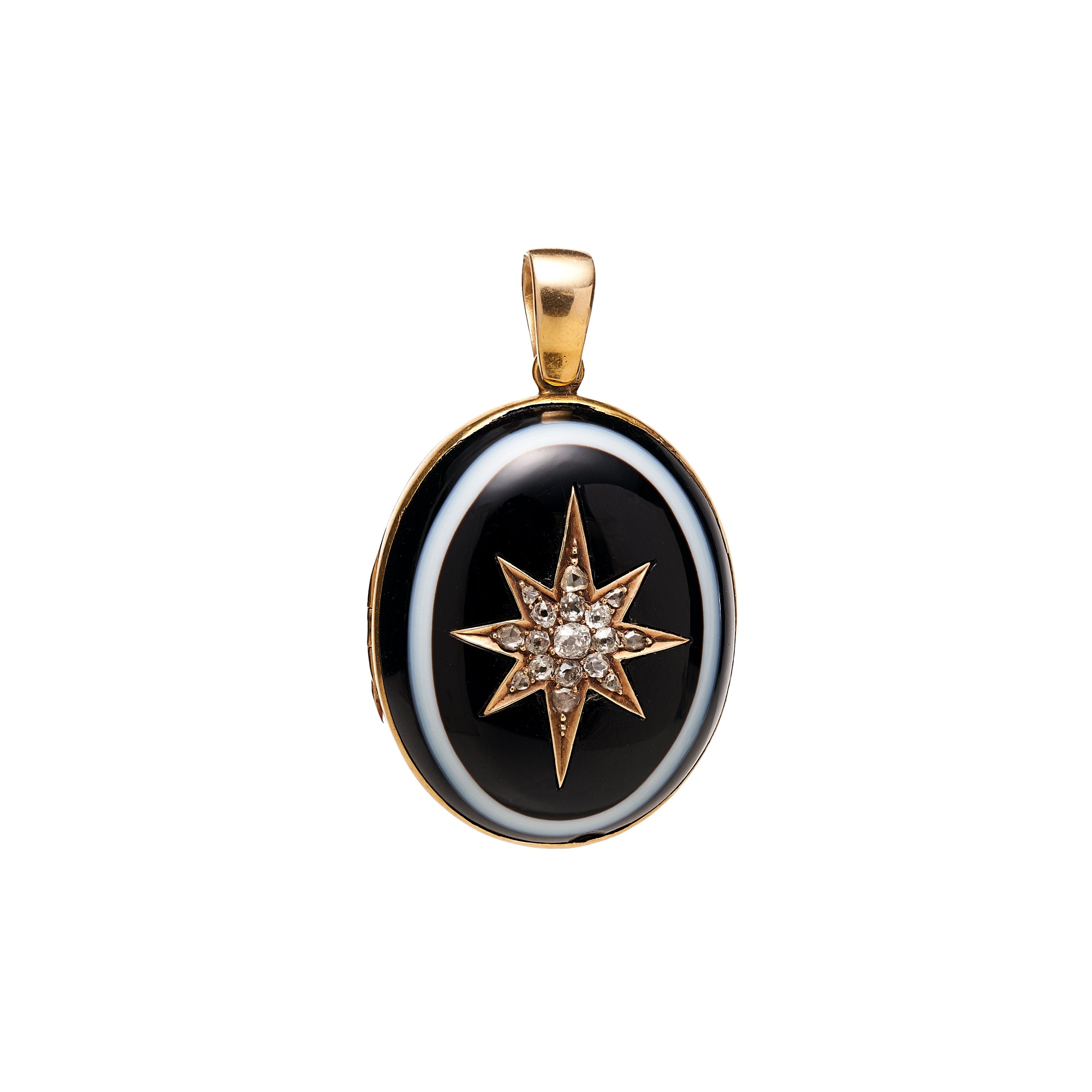 Antique Victorian 15k/18k Banded Agate w/ Diamond Star Motif Locket Pendant