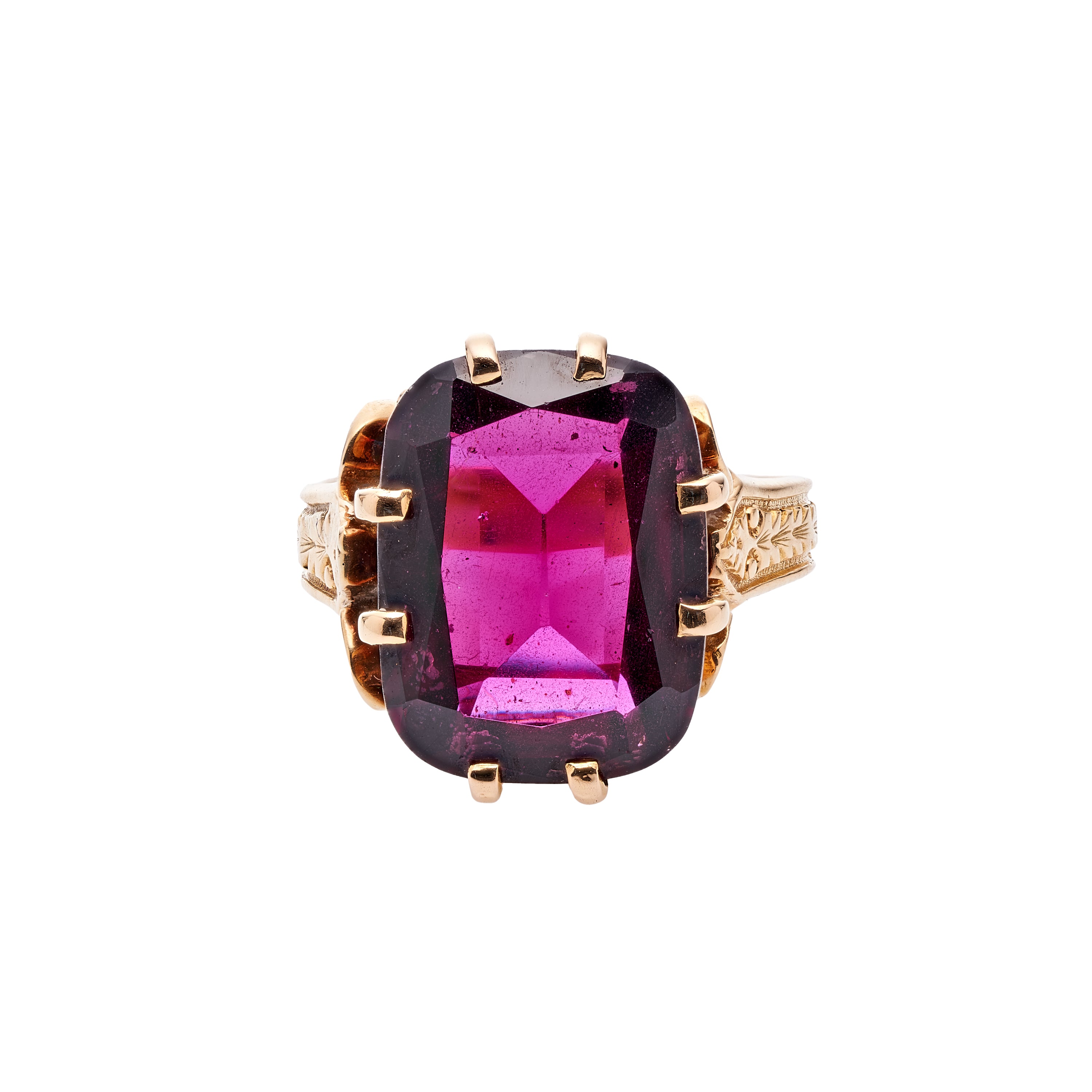 Antique Victorian 18k Rhodolite Garnet w/ Engraved Band Ring