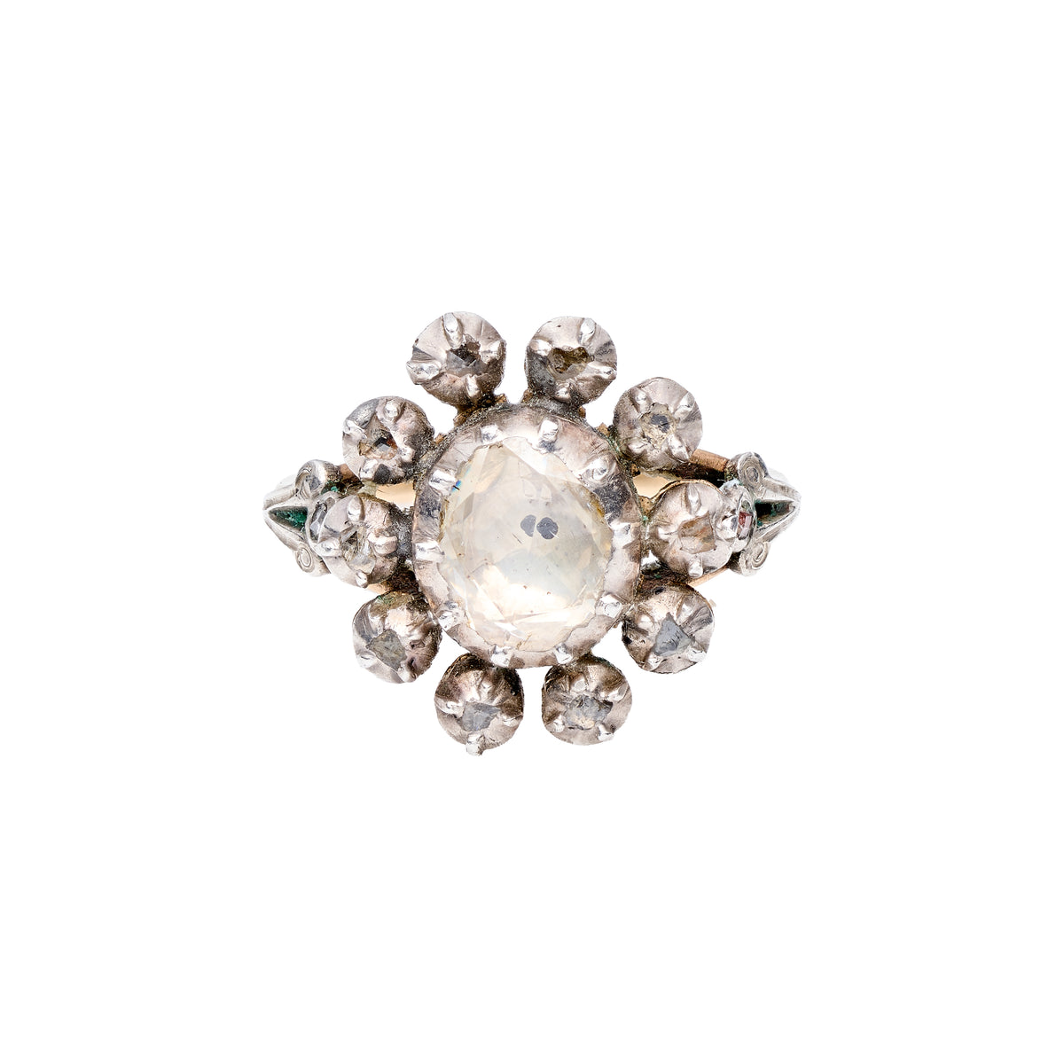 Antique Georgian 14k/Silver Topped Foiled w/ Black Dot Rose Cut Diamond Cluster Ring