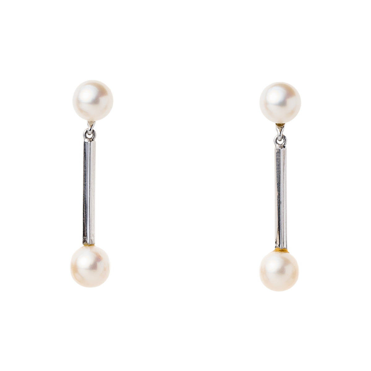 Vintage 14k White Gold Bar & Pearl Drop Earrings