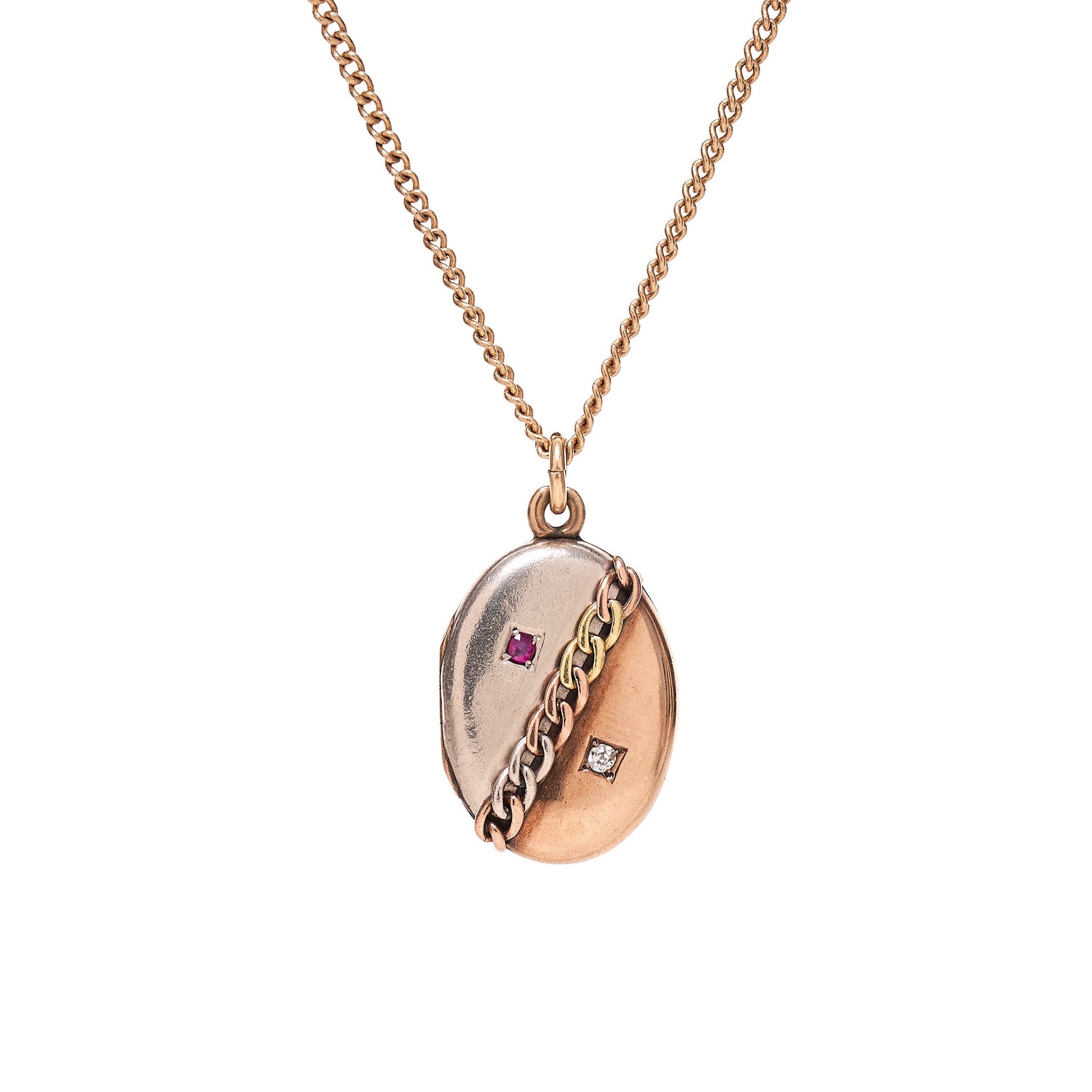 Antique Victorian Platinum / Two-Color 14k Gold Ruby & Diamond Chain Link Locket