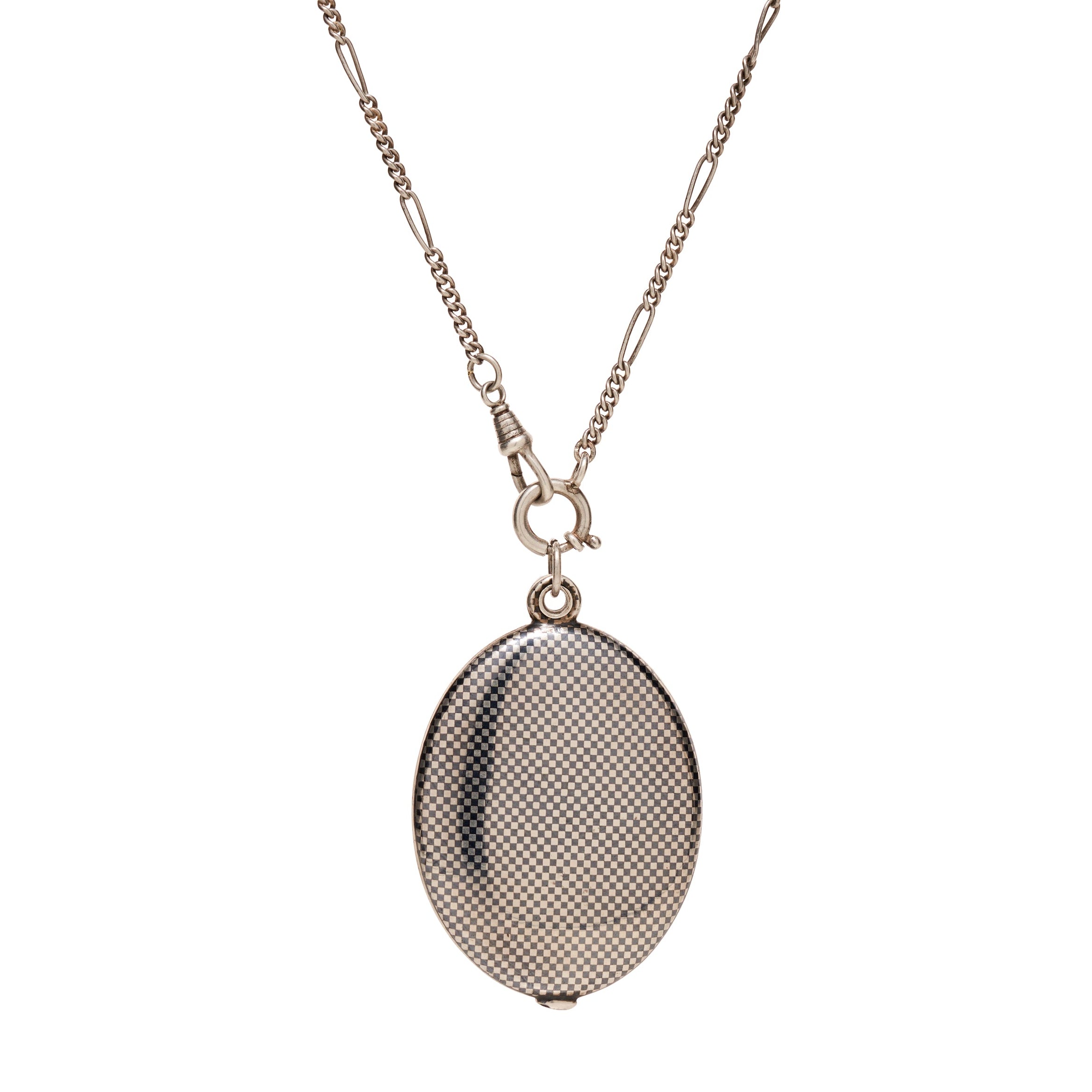 Antique Victorian Niello Sterling Silver Checkerboard Slide Mirror Locket Pendant