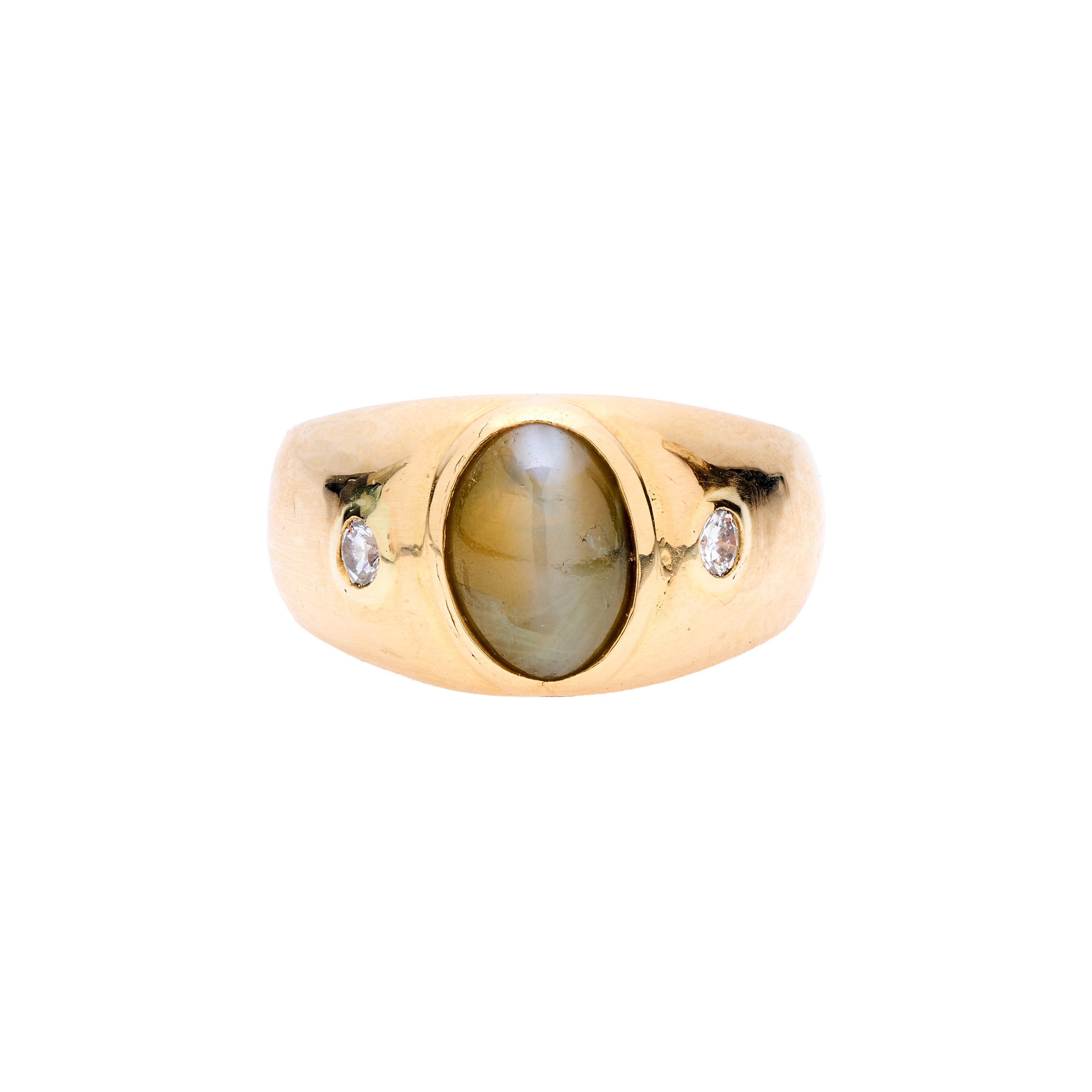 Antique Edwardian 14k Cat's Eye Chrysoberyl and Diamond Heavy Domed Band