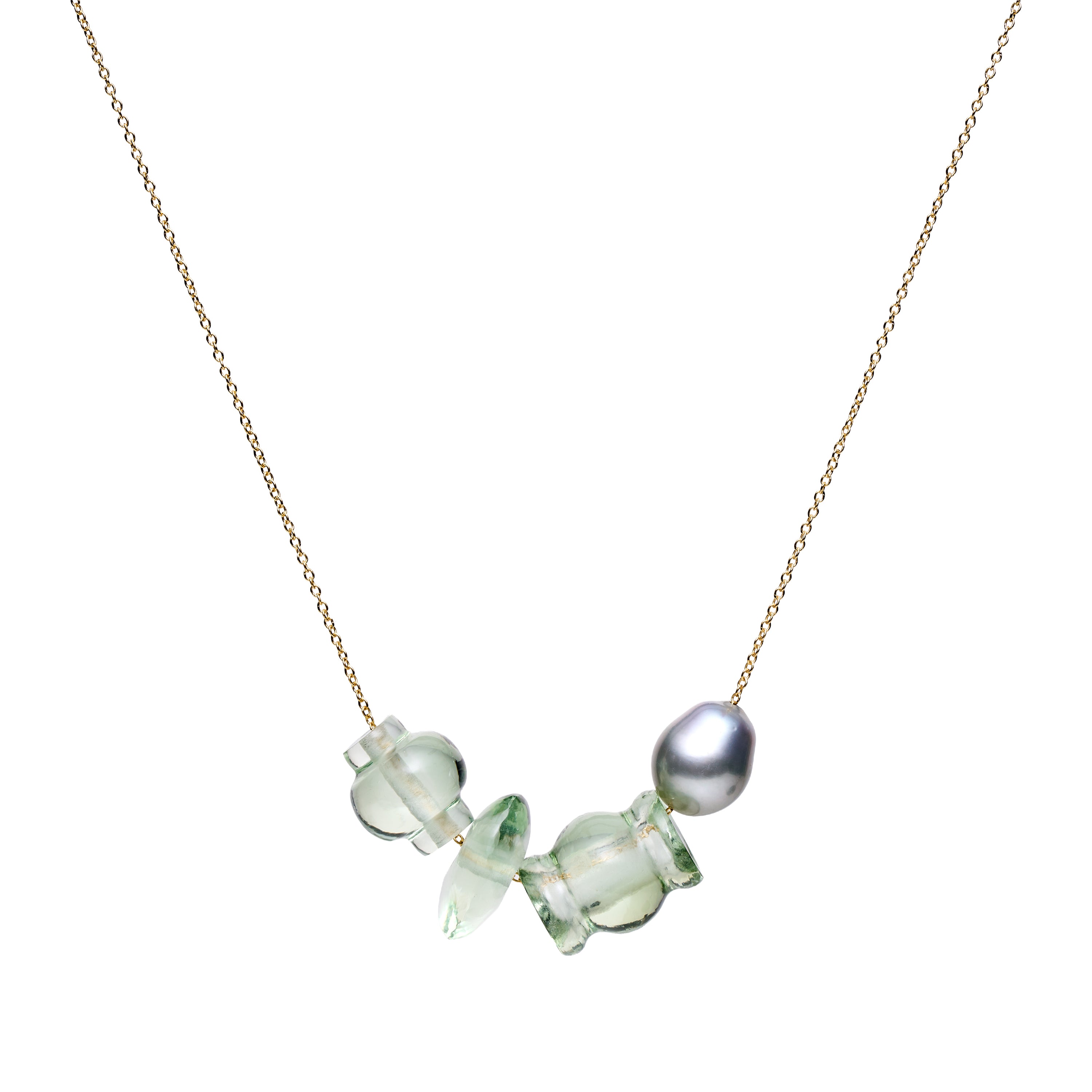TenThousandThings 18k Tahitian Pearl and Green Amethyst Mini Trade Bead Necklace - 16"