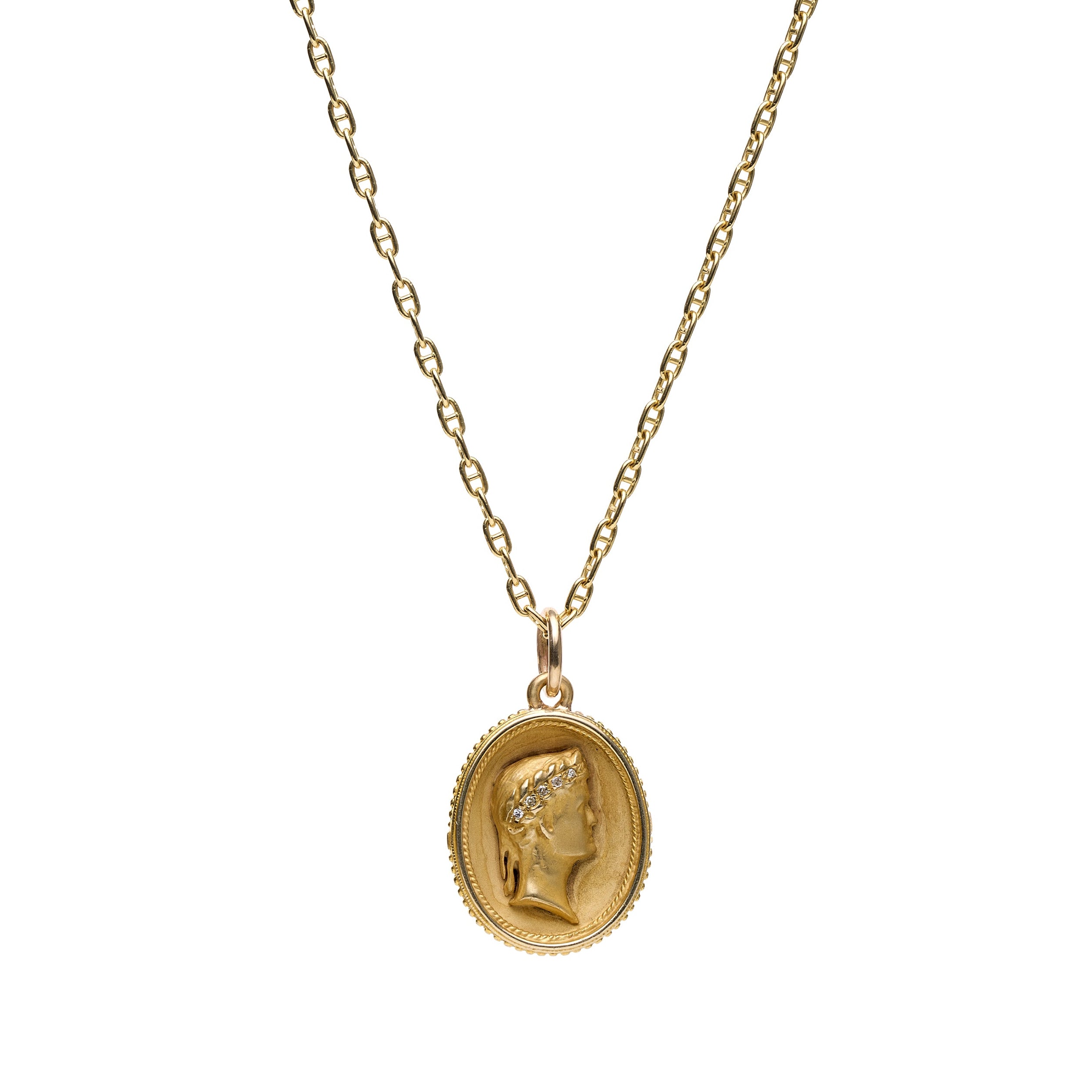 Vintage Mid-Century 14k Yellow Gold Diamond Classical Cameo Pendant