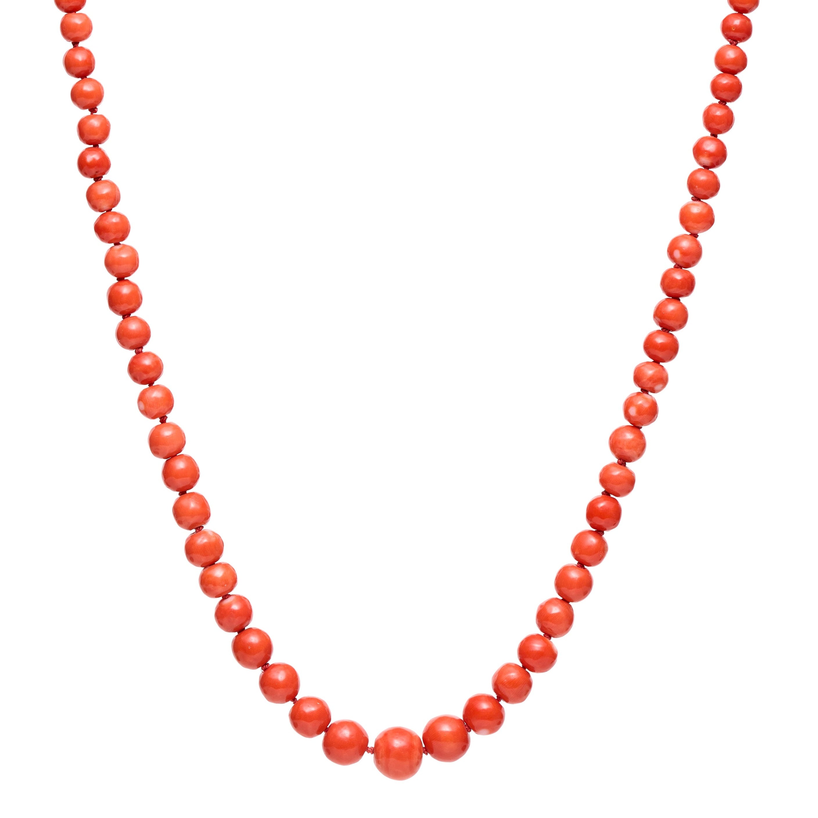 Antique Victorian Graduated Coral Bead Necklace  w/ 14k Tube Clasp- 25"