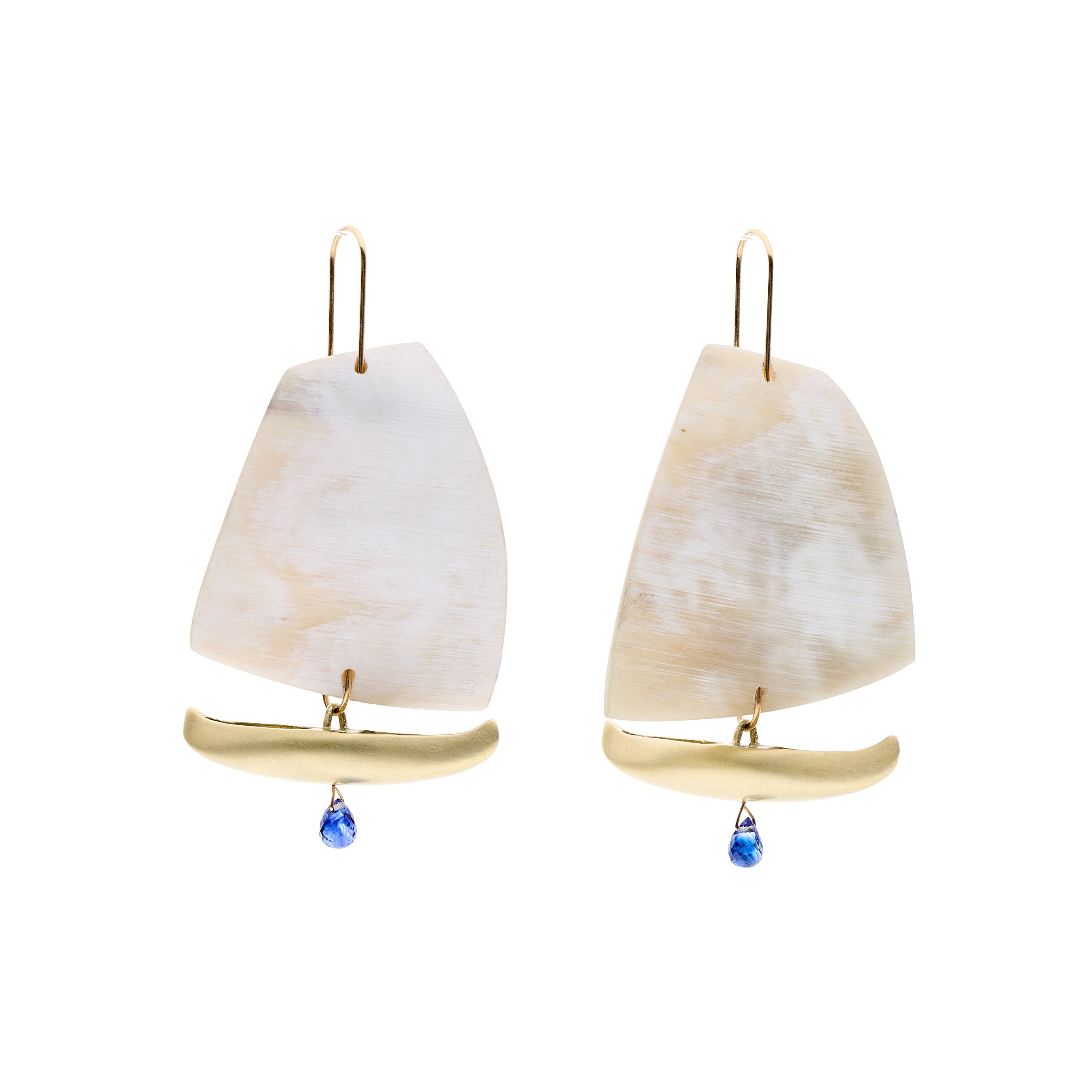 Gabriella Kiss 14k Green Gold Sailboats w/ Carved White Horn & Sapphire Drops Earrings