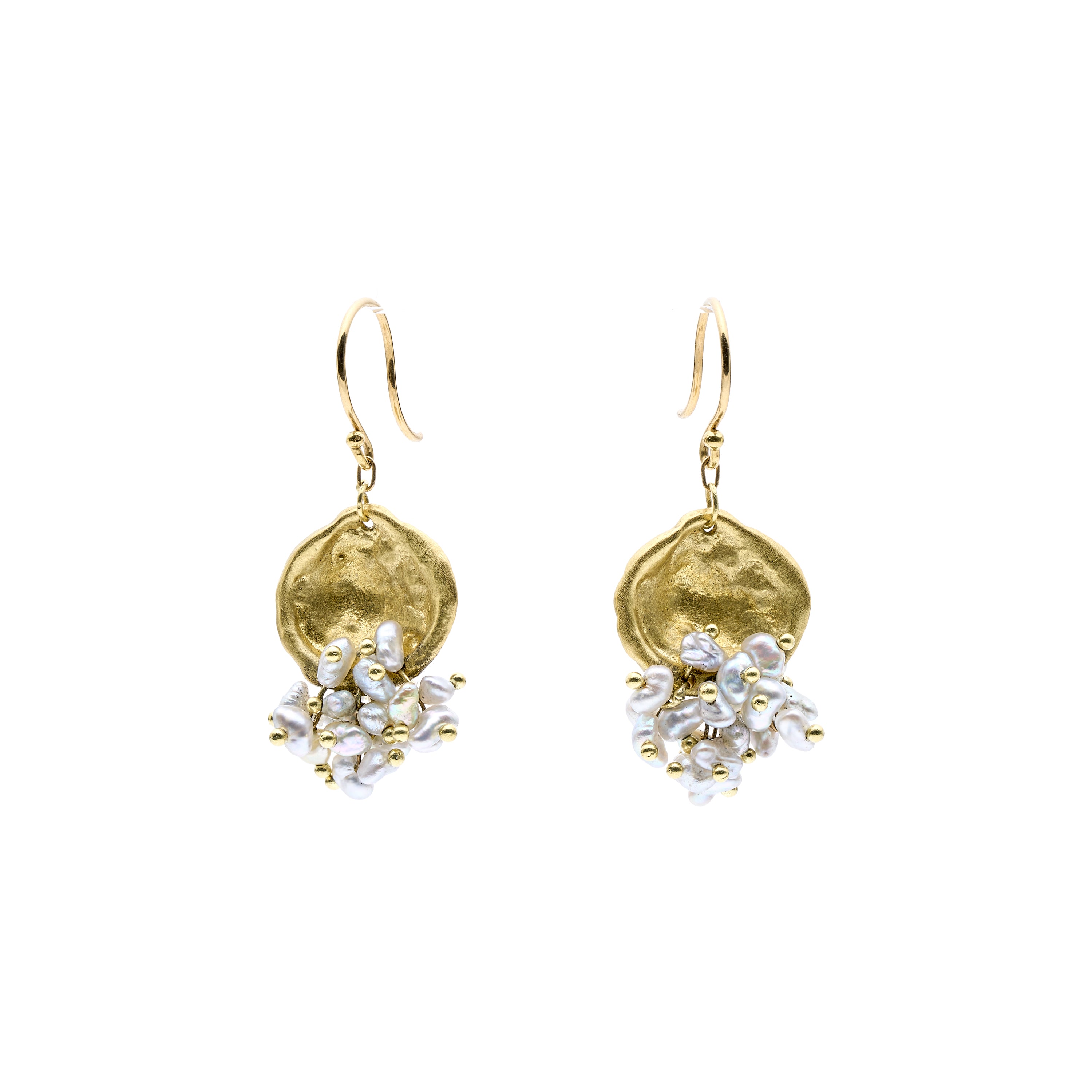 TenThousandThings 18k Casted Oyster Disc w/ Beaded Keshi Cluster Earrings