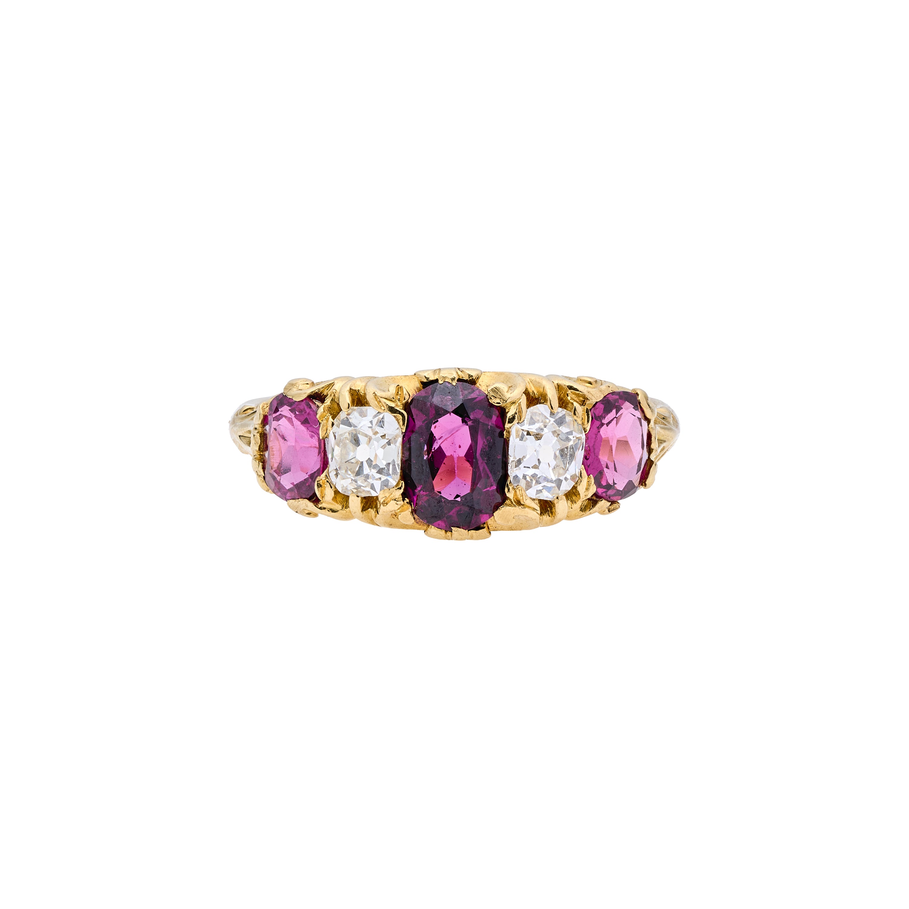 Antique Victorian 18k Garnet & Diamond Five Stone Ring