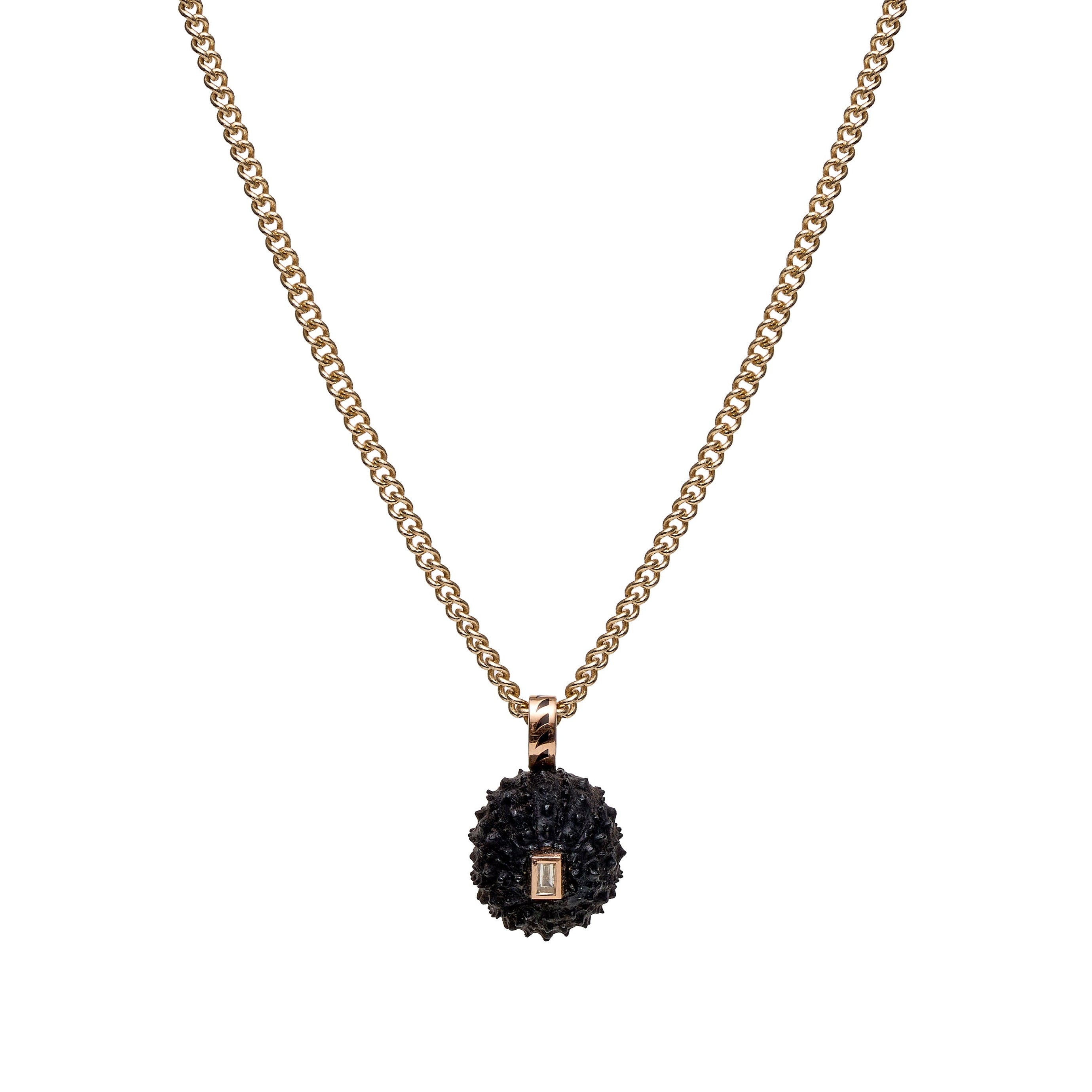 Dezso 18k Petite Carved Ebony Sea Urchin with Baguette Diamond Pendant