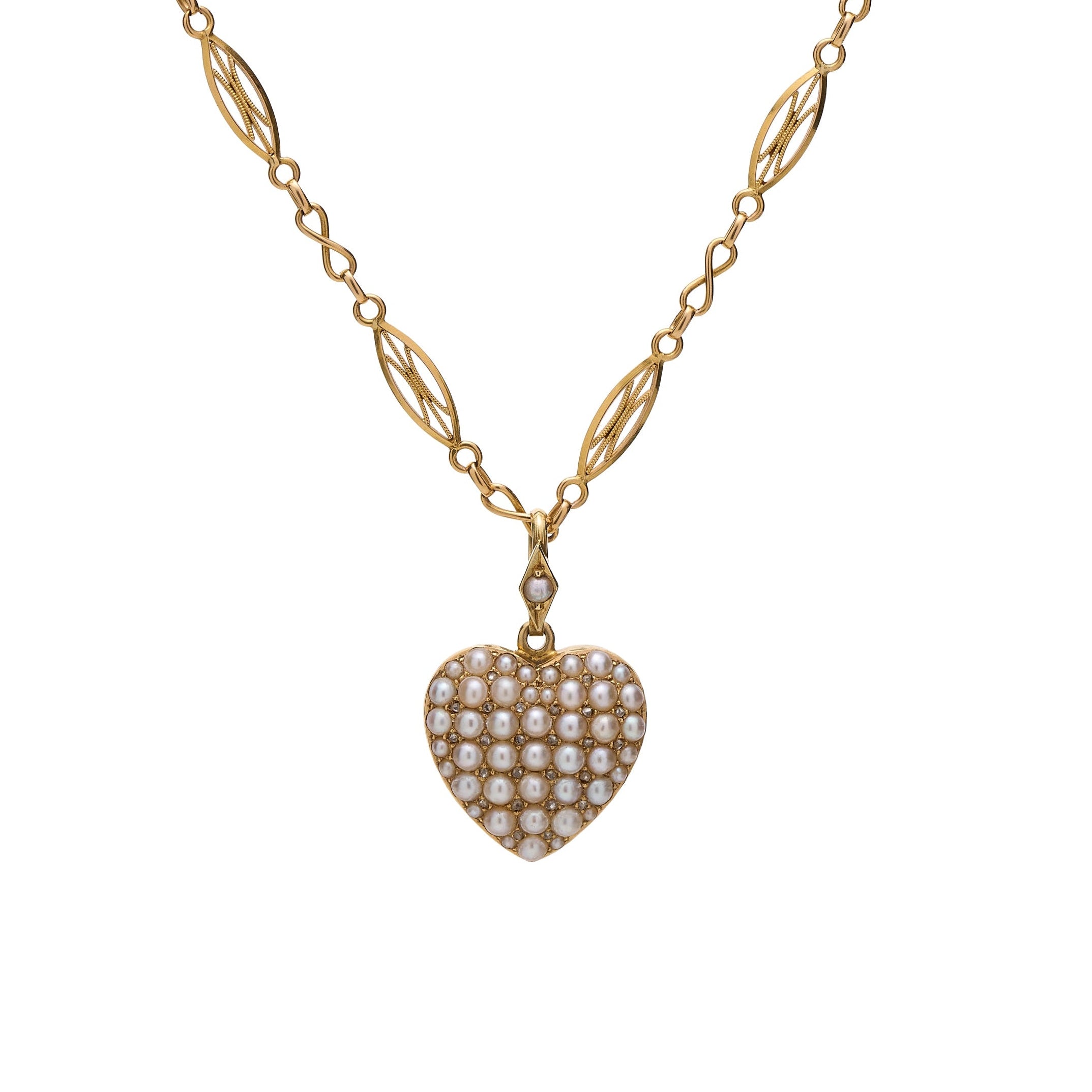 Antique Victorian 15k Natural Pearl and Diamond Pave Heart Pendant