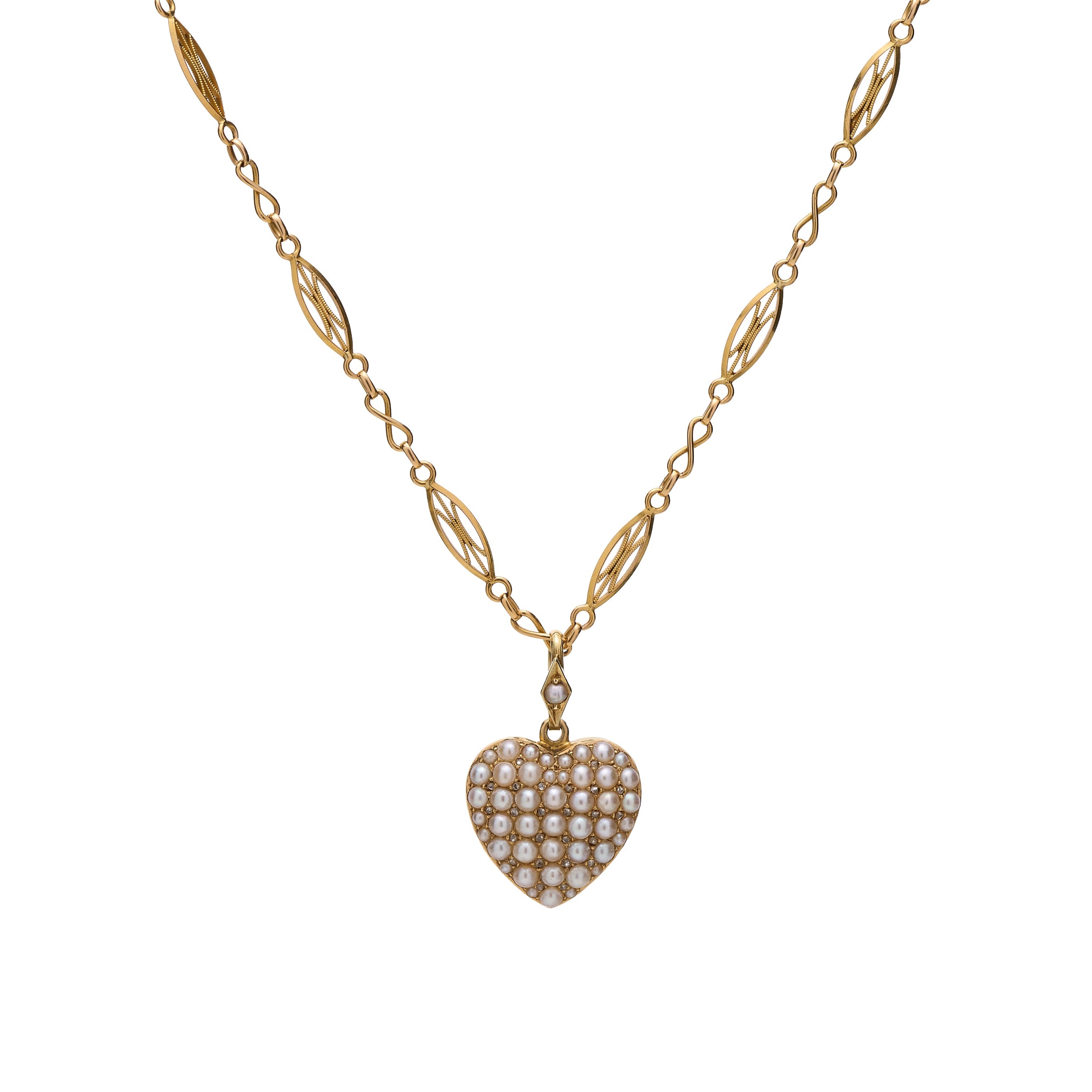 Antique Victorian 15k Natural Pearl and Diamond Pave Heart Pendant