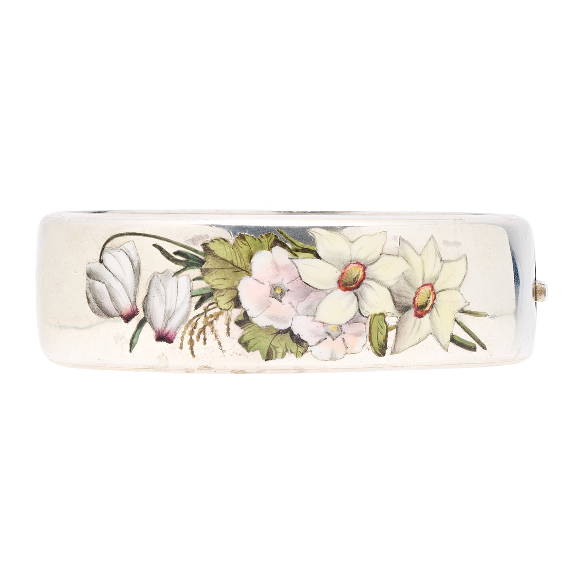 Antique Victorian Sterling Silver Floral Enamel Bangle Bracelet